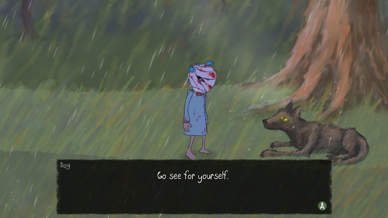 Sal faces a dog beside a tree as a dialogue prompt appears in the rain.