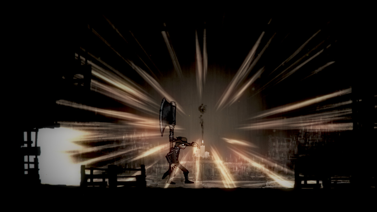 A fighter strikes an enemy with a bright burst inside a dark interior.