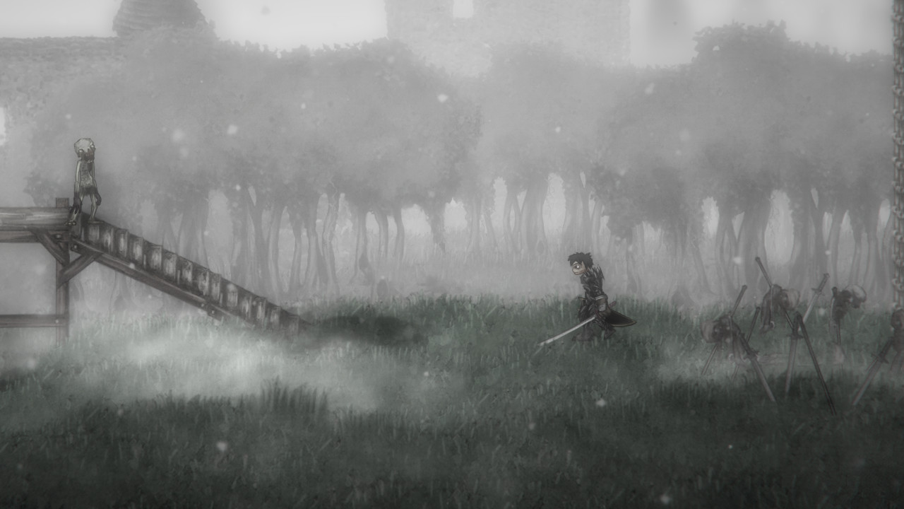A lone character crosses a pale, windblown field beside a raised walkway.