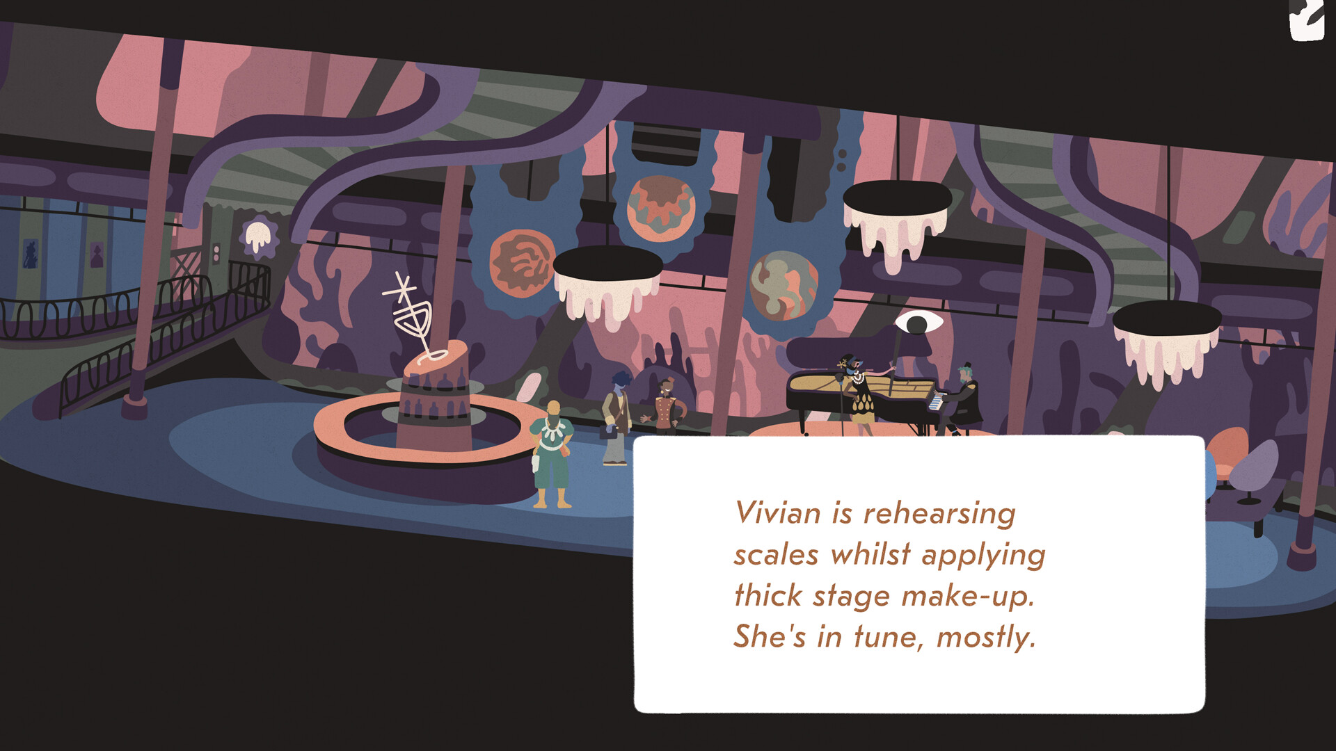 A crew observation appears over an illustrated theatre space.