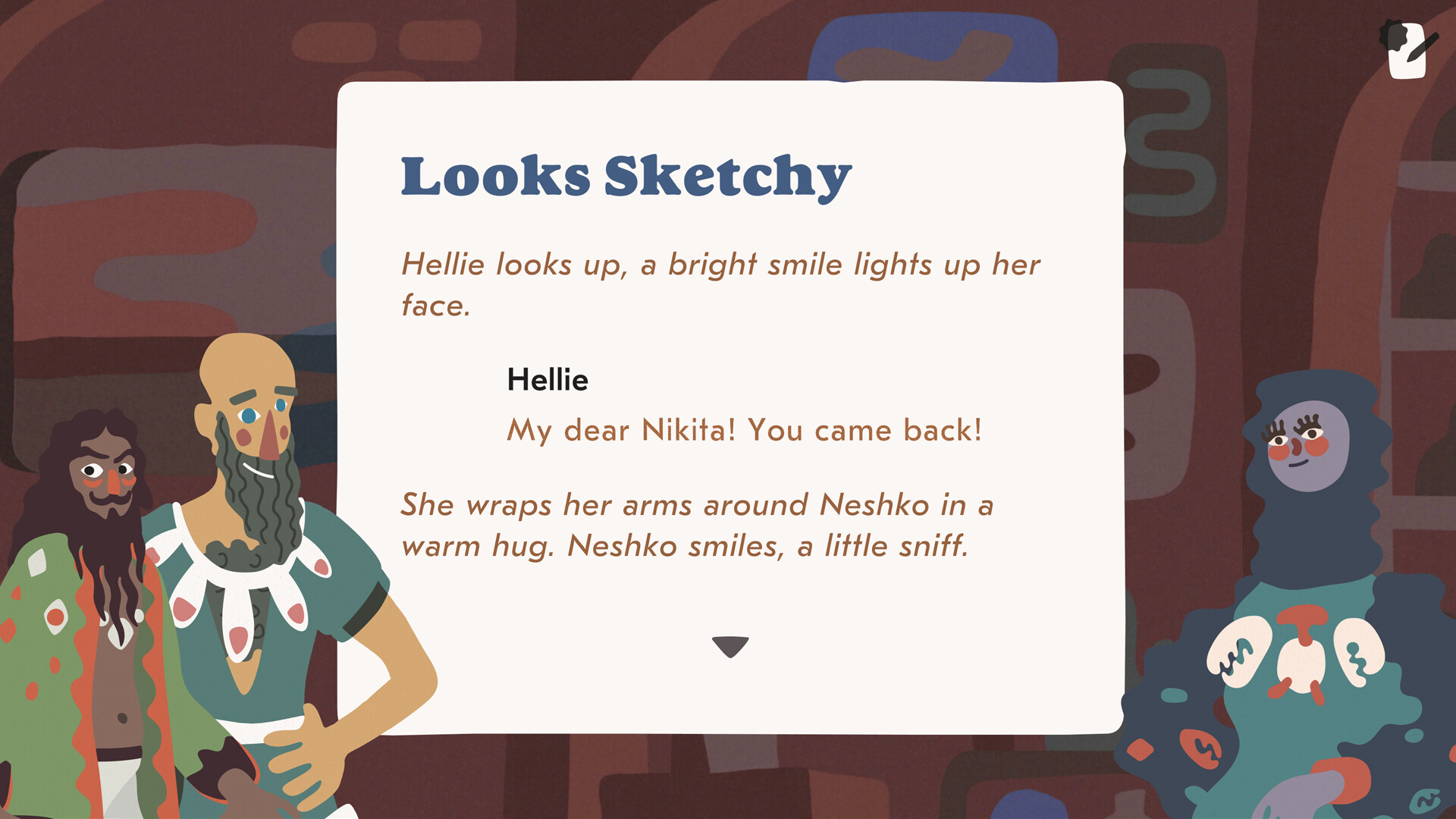 Three island residents appear beside an illustrated dialogue panel.