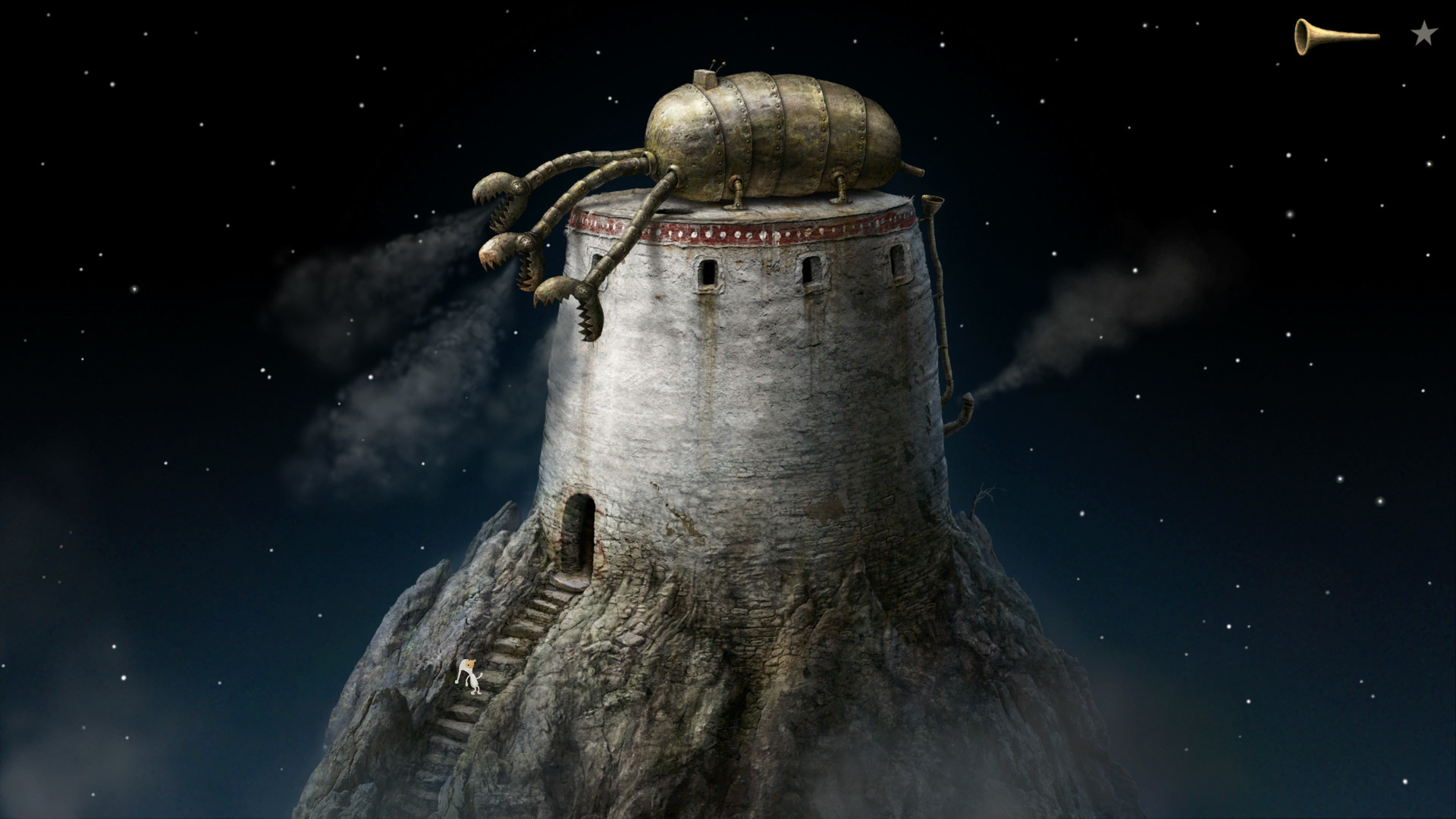 A strange stone tower stands beneath a star-filled sky.