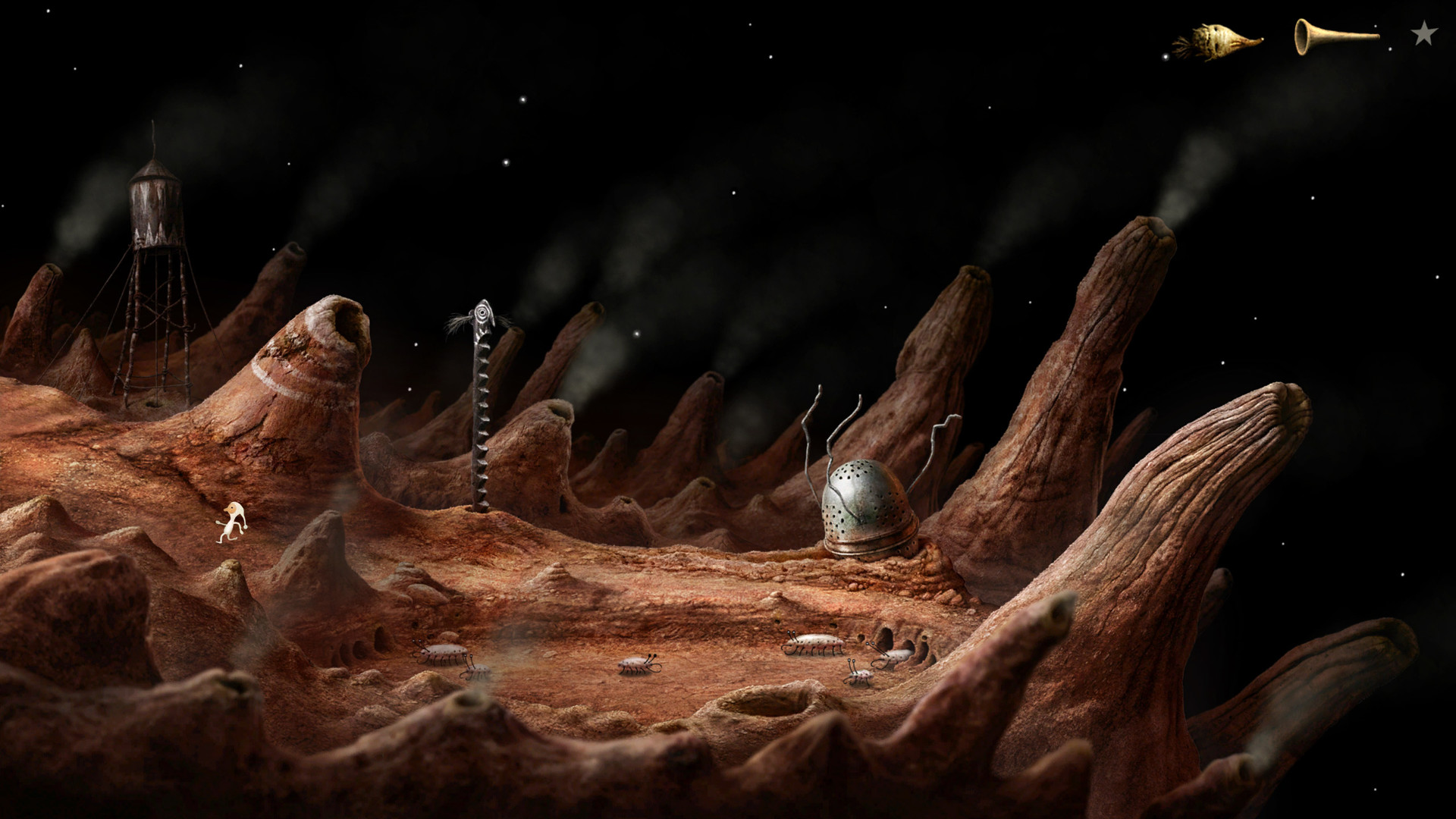 The gnome explores a rocky world of finger-shaped formations.
