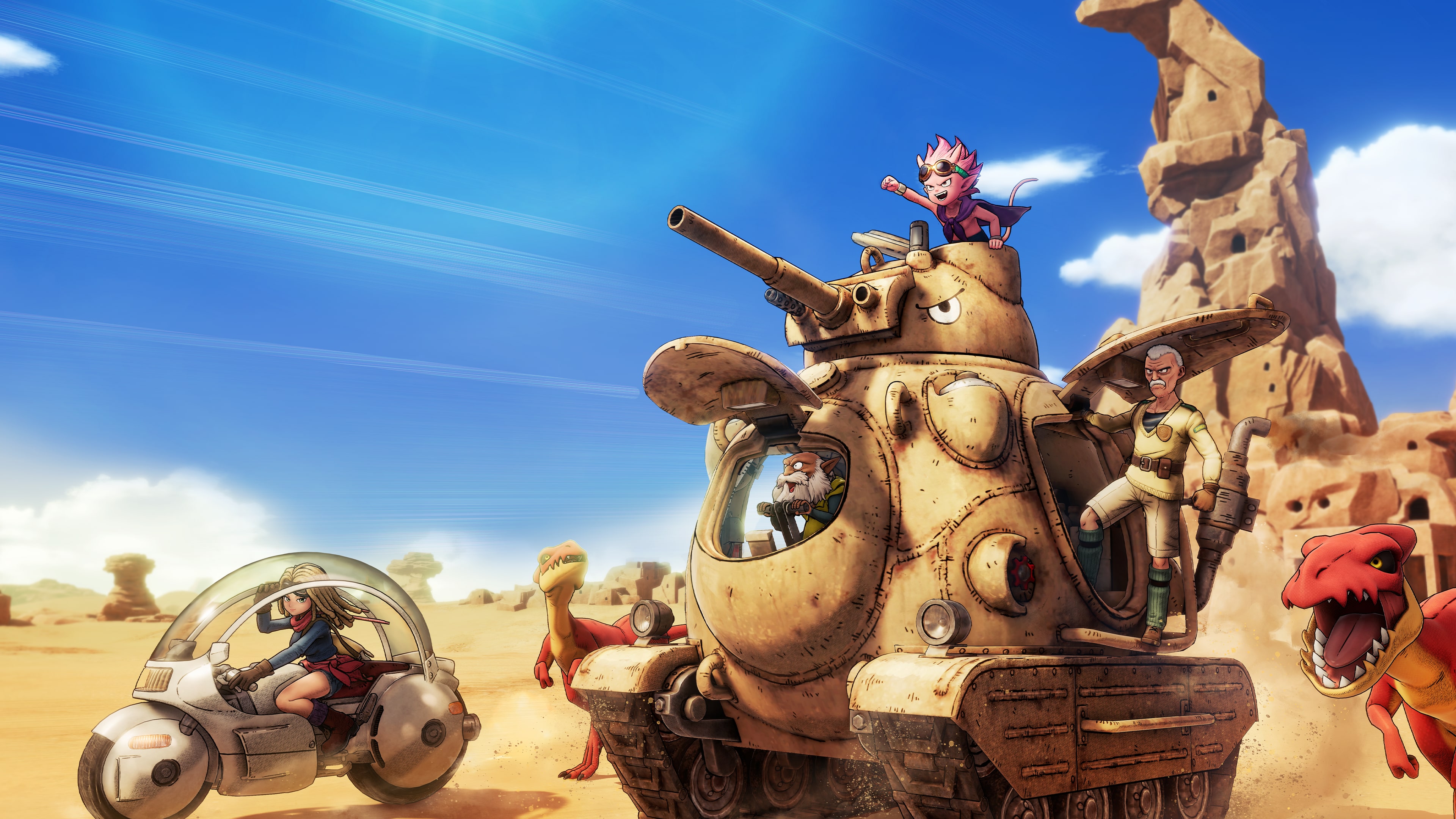 Beelzebub rides atop a large desert vehicle beneath a blue sky in SAND LAND promotional art.