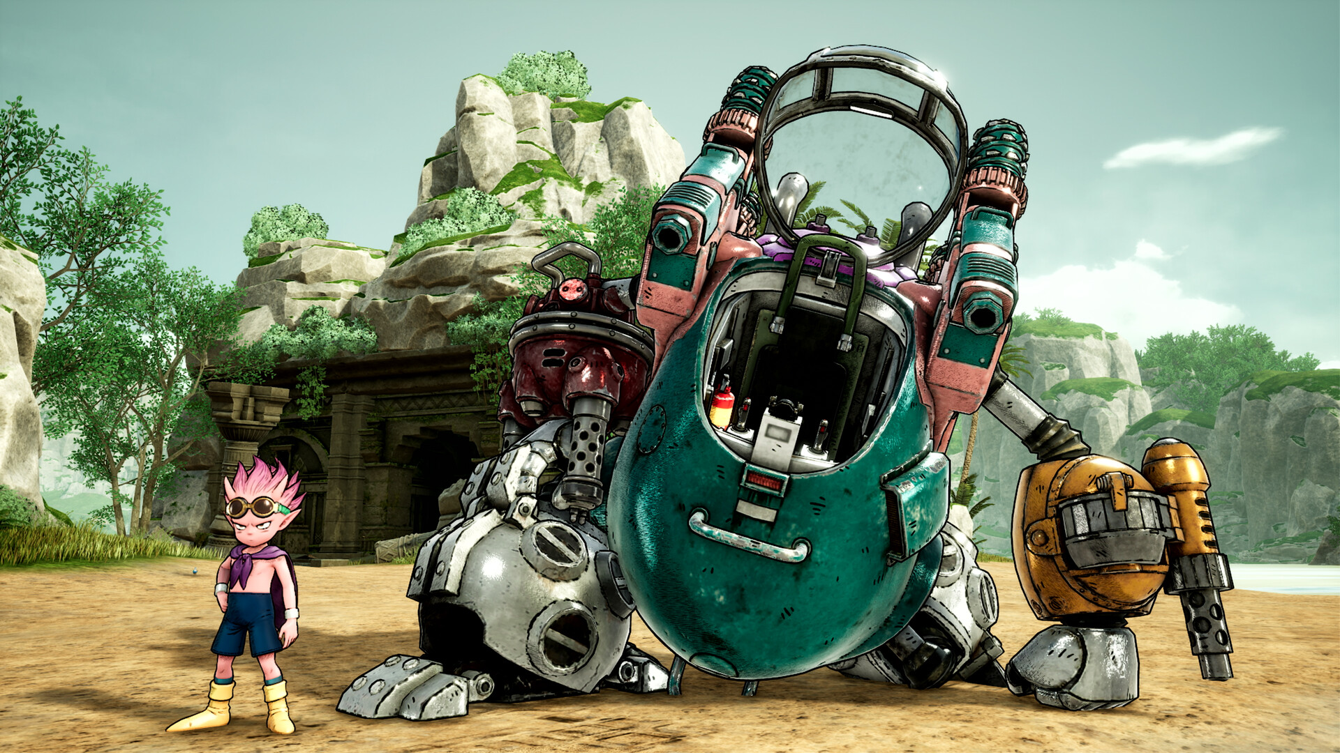 Beelzebub stands beside a large vehicle among the ruins.