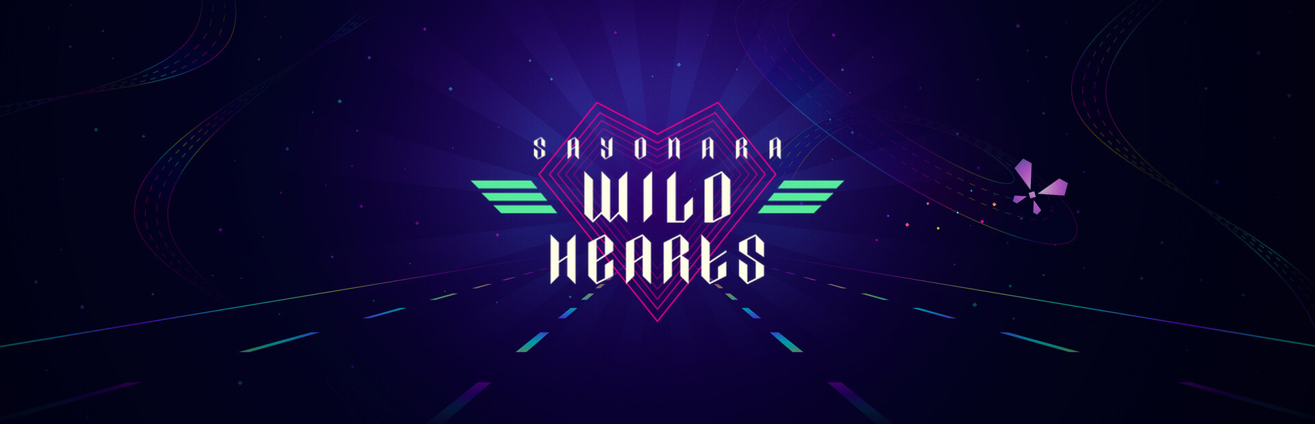 Official Steam library artwork places the Sayonara Wild Hearts title over a dark blue and violet roadway.