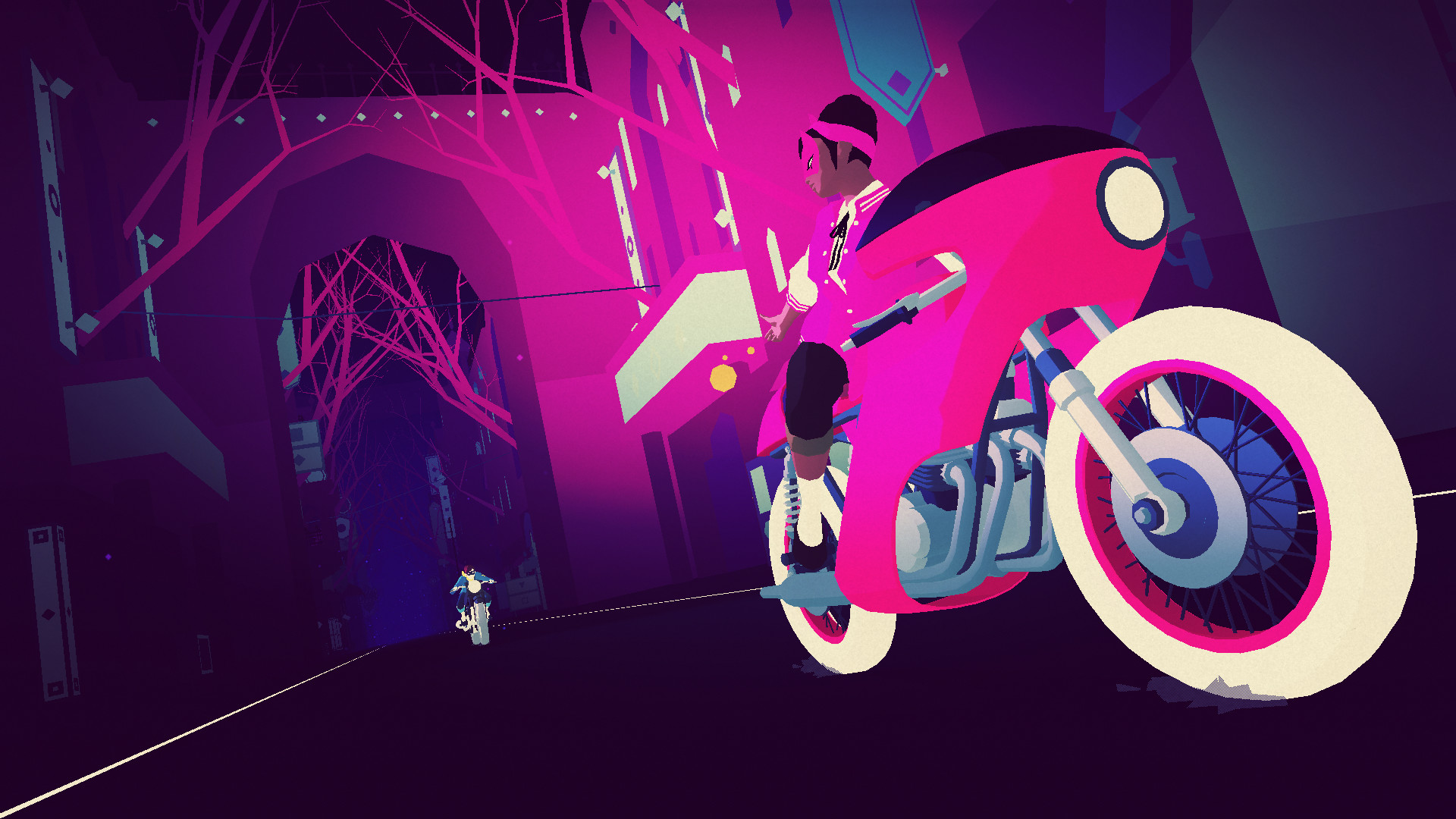 A rider steers a pink motorcycle through a neon tunnel.