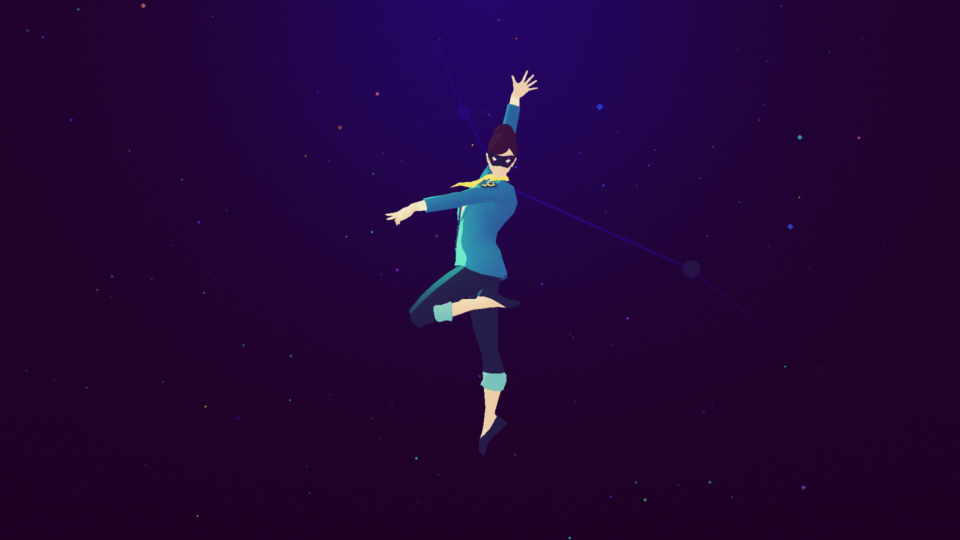 A woman appears against a dark violet sky during an airborne sequence.