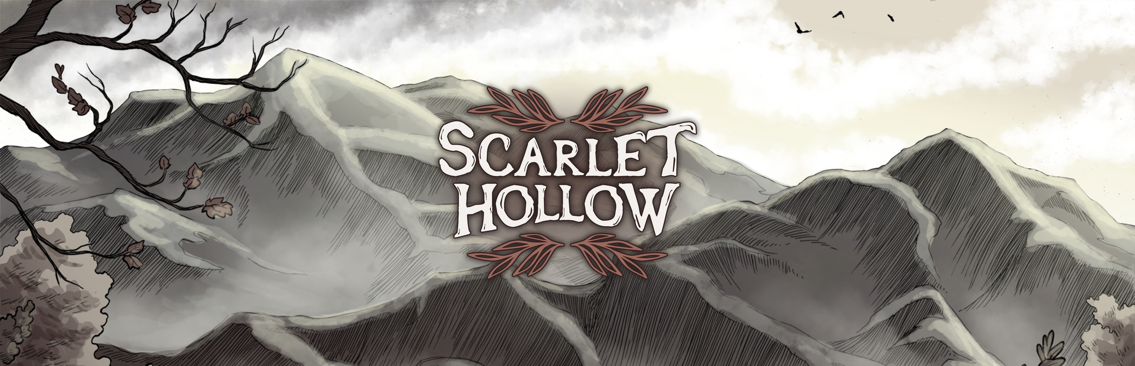 Official Steam library artwork frames the Scarlet Hollow title over a mountainous landscape.