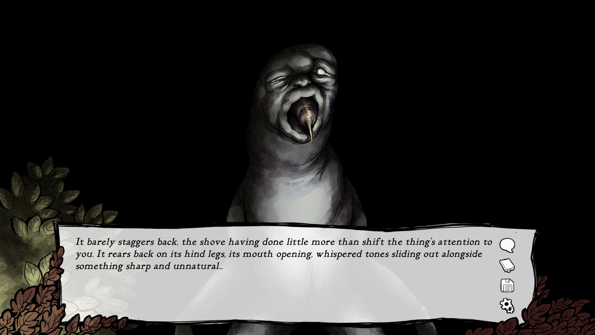 A creature emerges from the darkness beside a dialogue box.