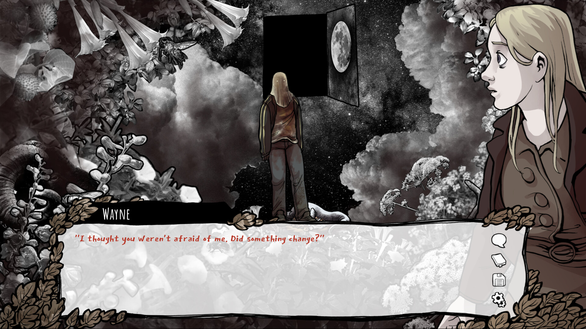 Two characters face a dark doorway amid tangled foliage.