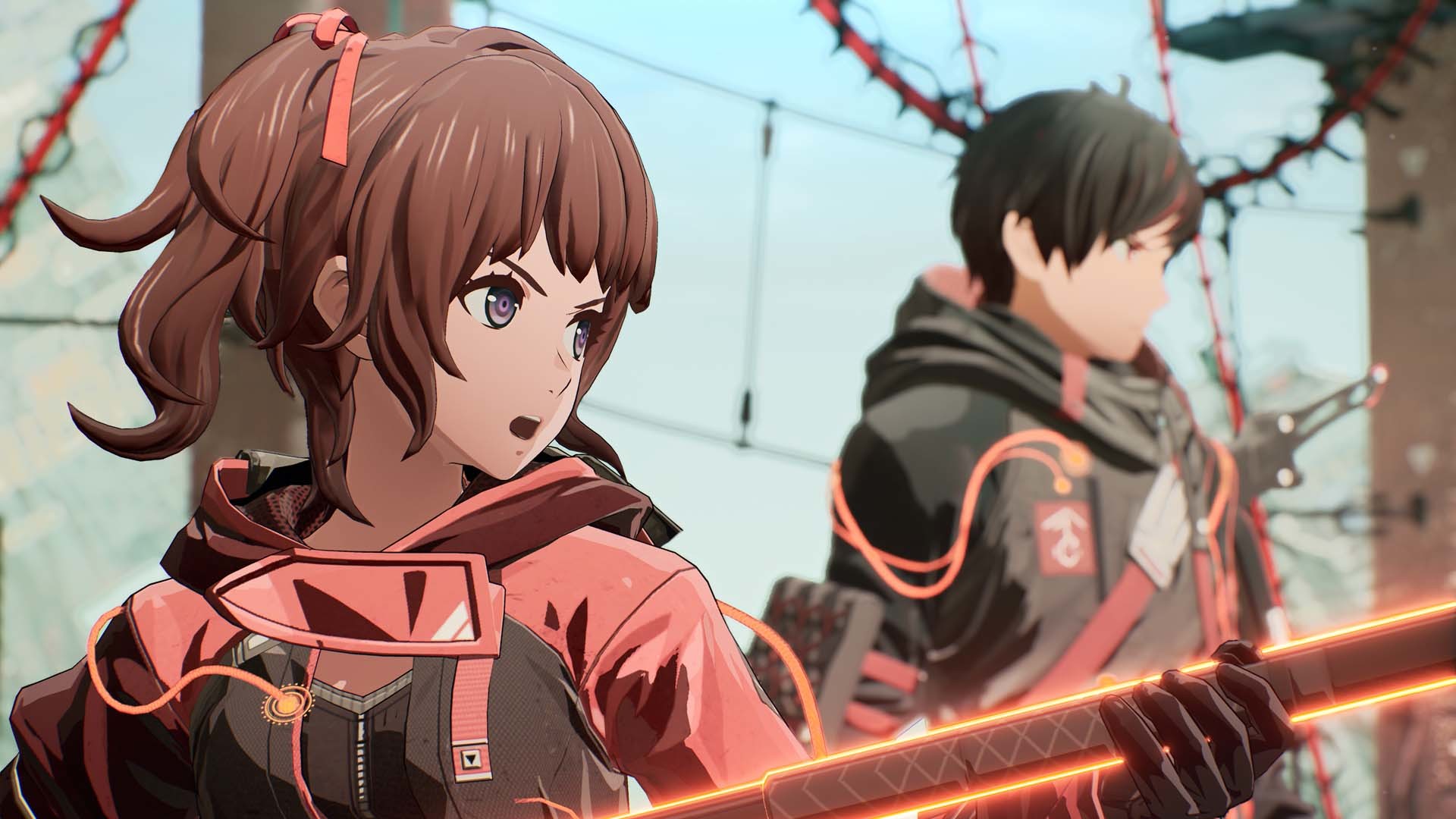 Kasane raises her weapon as Yuito stands behind her.