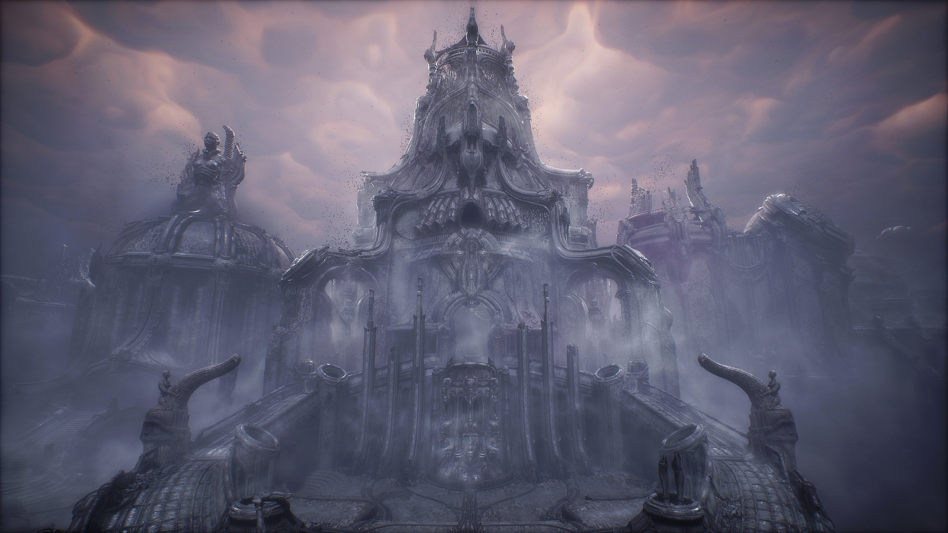 An enormous organic structure rises beneath a clouded sky.