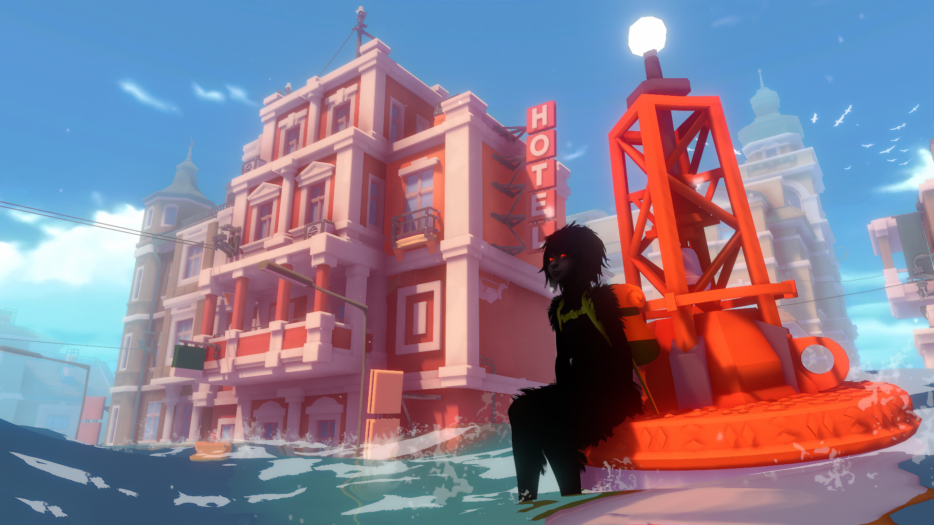 Kay stands by a flooded street beside a hotel.