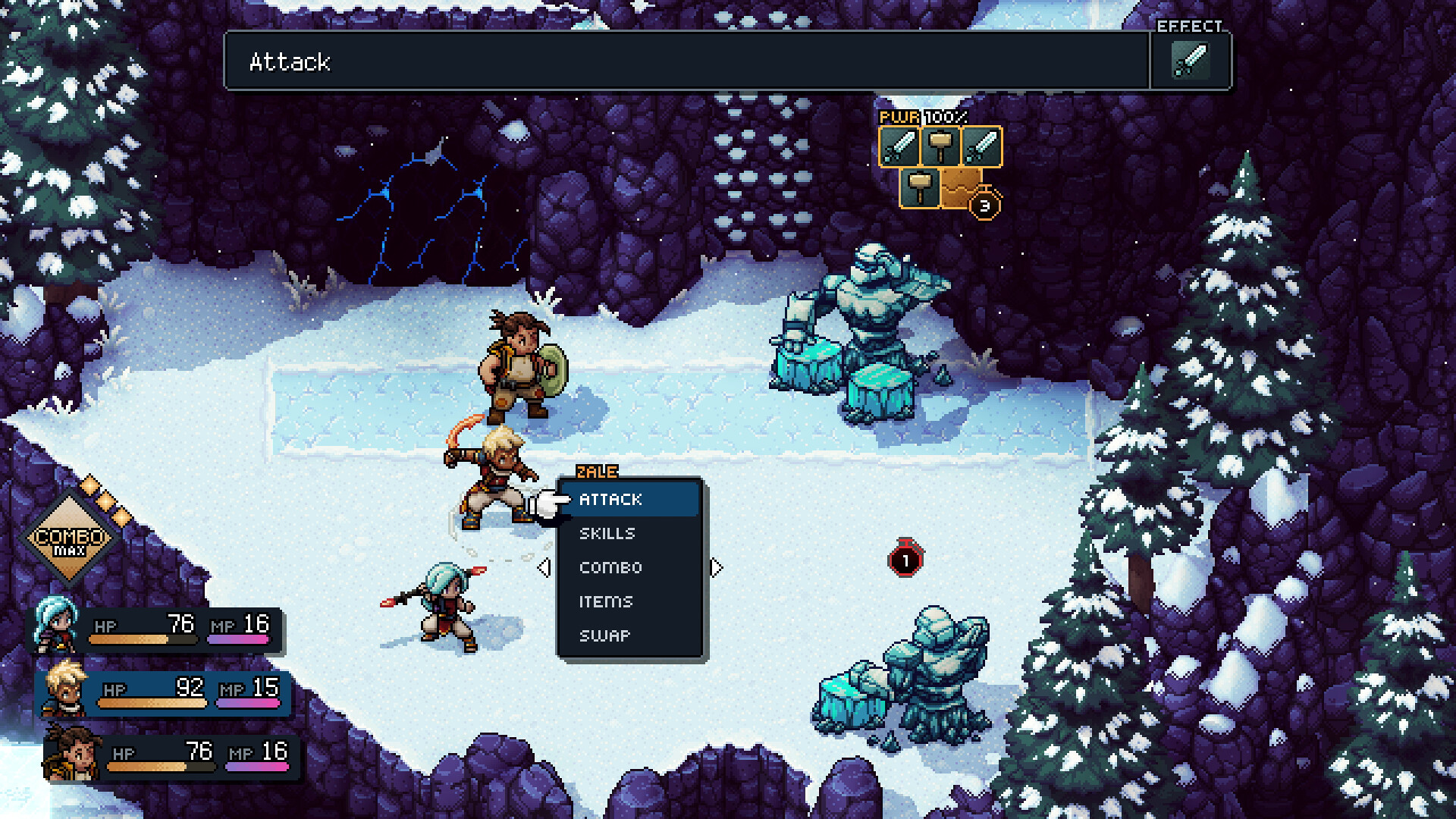 The party faces enemies in a snowy turn-based encounter.