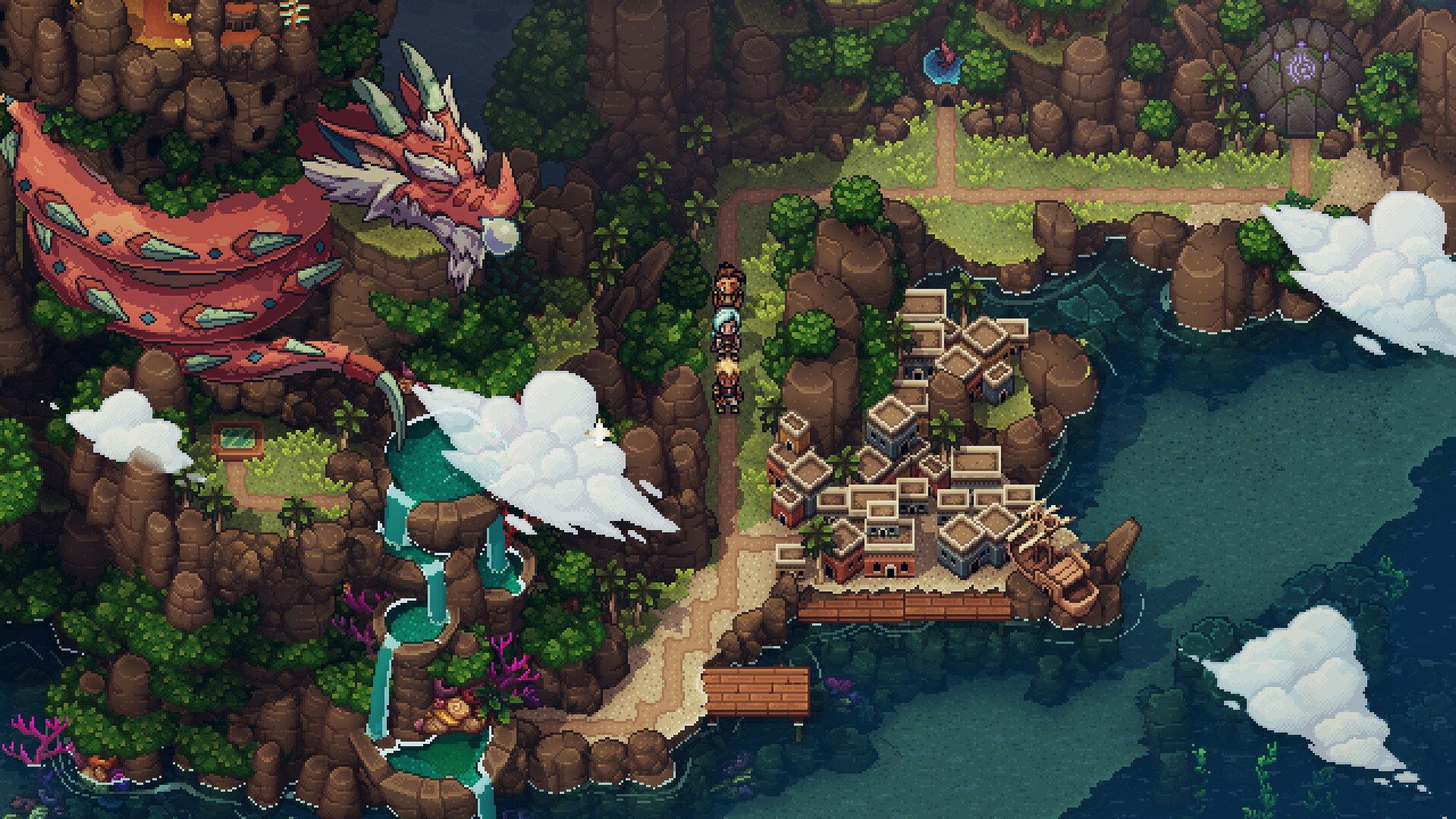 The party explores a coastal settlement beneath a large dragon.