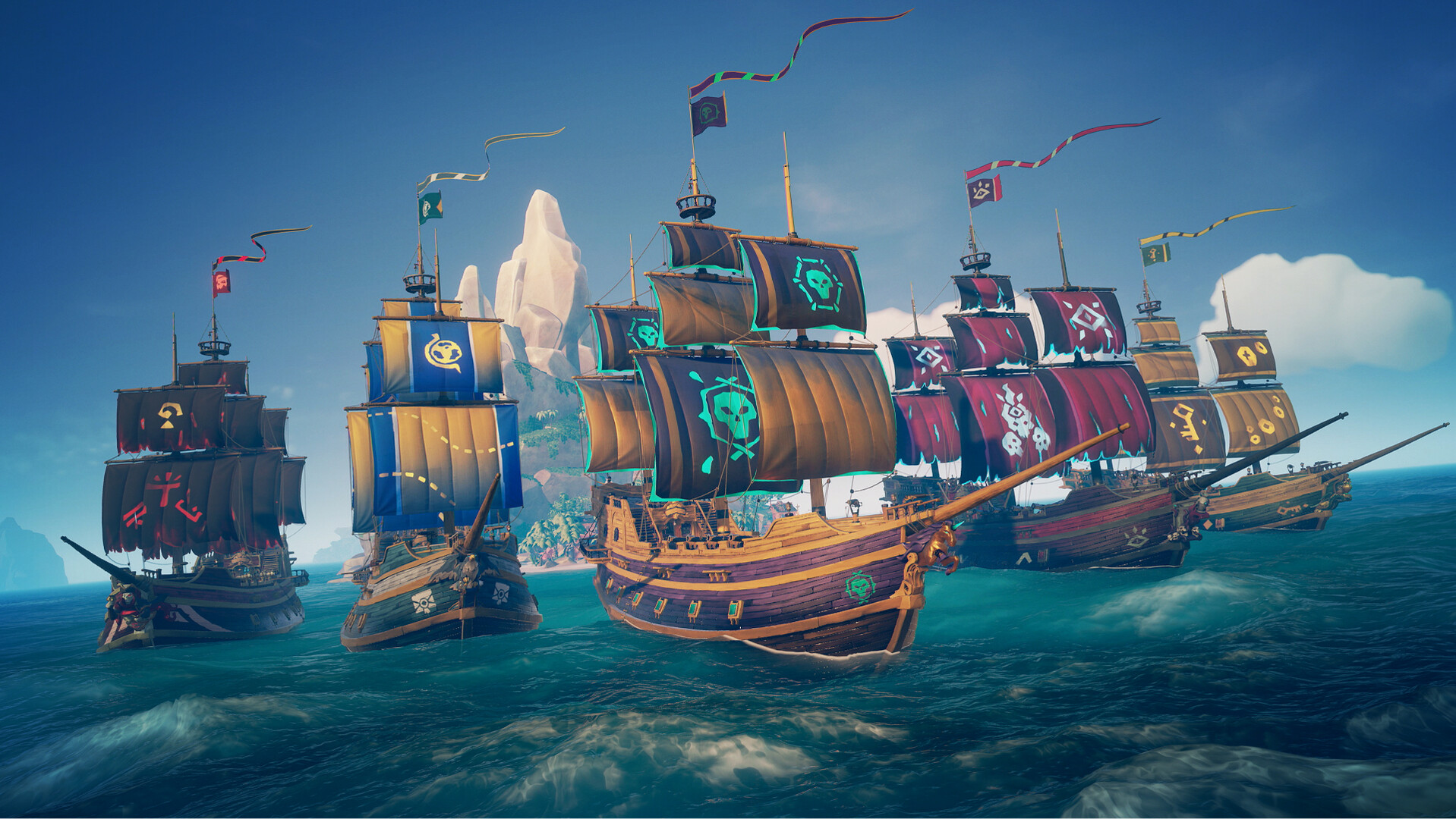 Several pirate ships sail side by side beneath colourful pennants.