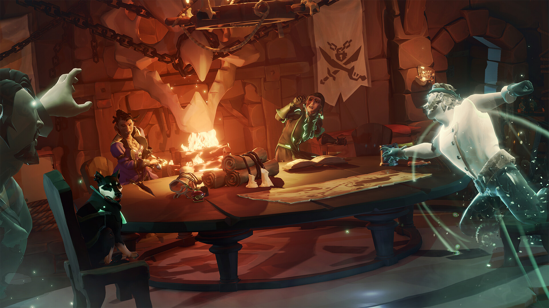 Pirates and a ghostly figure gather around a tavern table.
