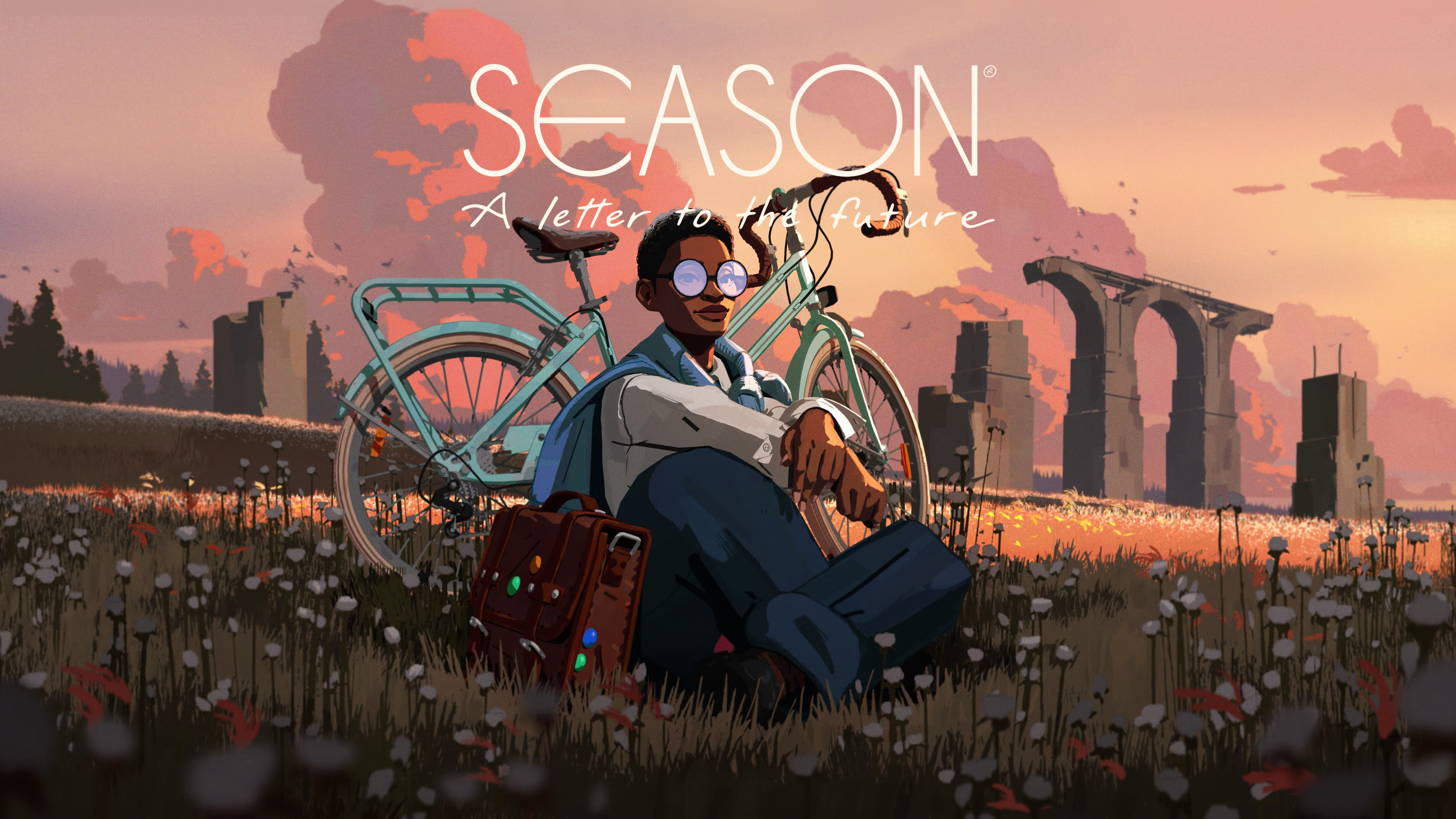 A traveler and bicycle in official SEASON artwork.