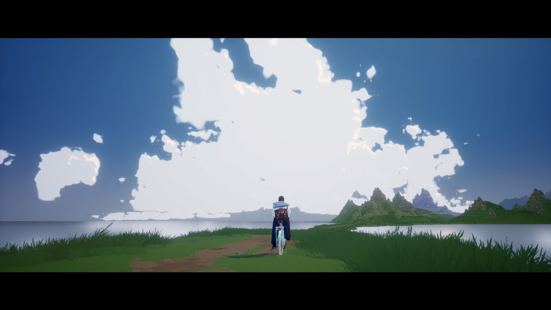 A cyclist heads toward a distant coast beneath a bright sky.