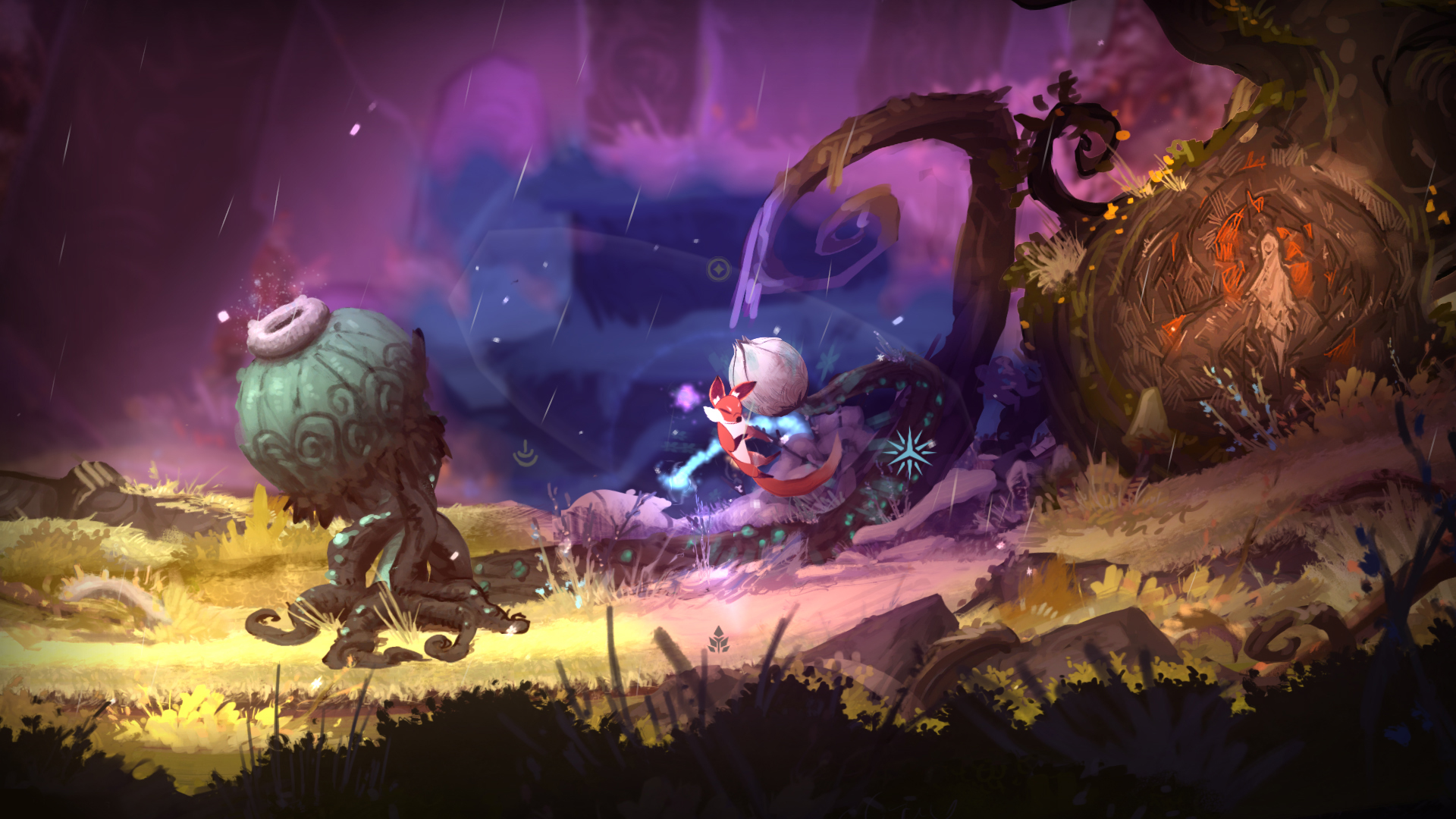 The fox leaps through a purple forest beside a glowing plant.