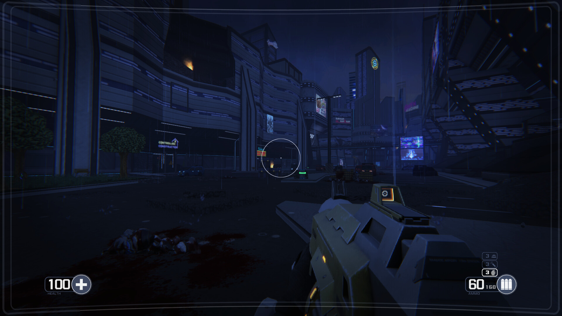 The player surveys a rain-soaked city street at night.