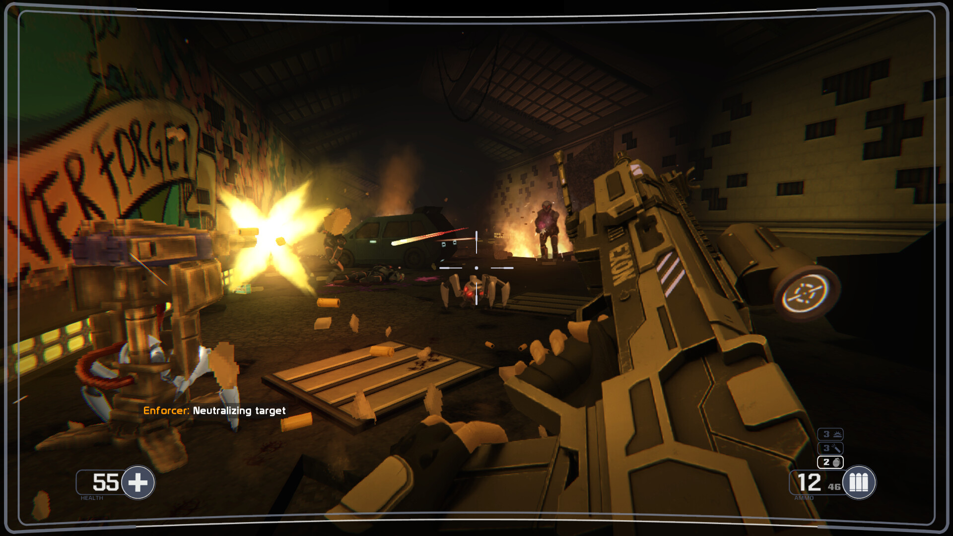 The player reloads a firearm during a fight in a garage.