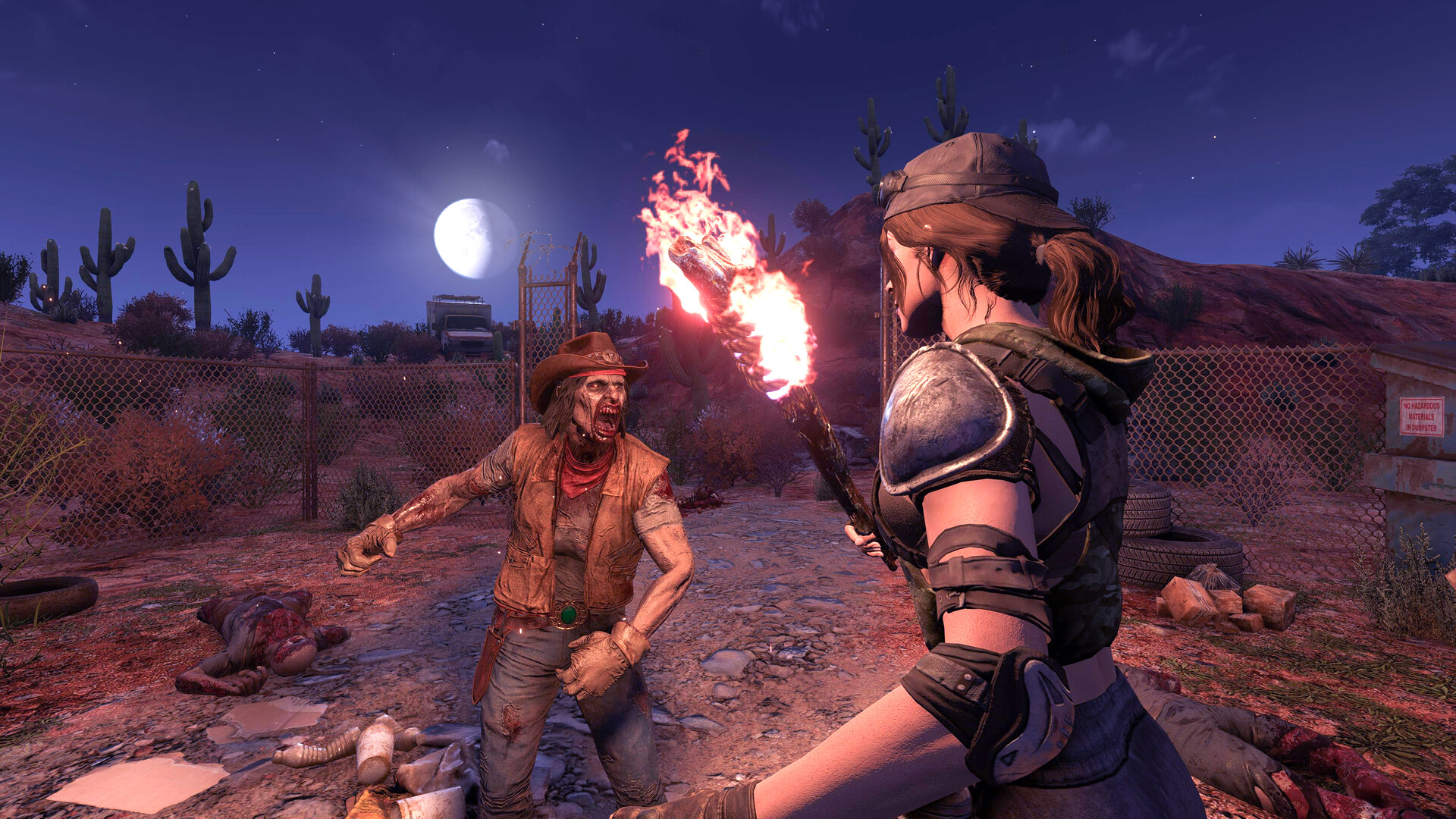 A survivor fights an infected attacker near a desert fence.