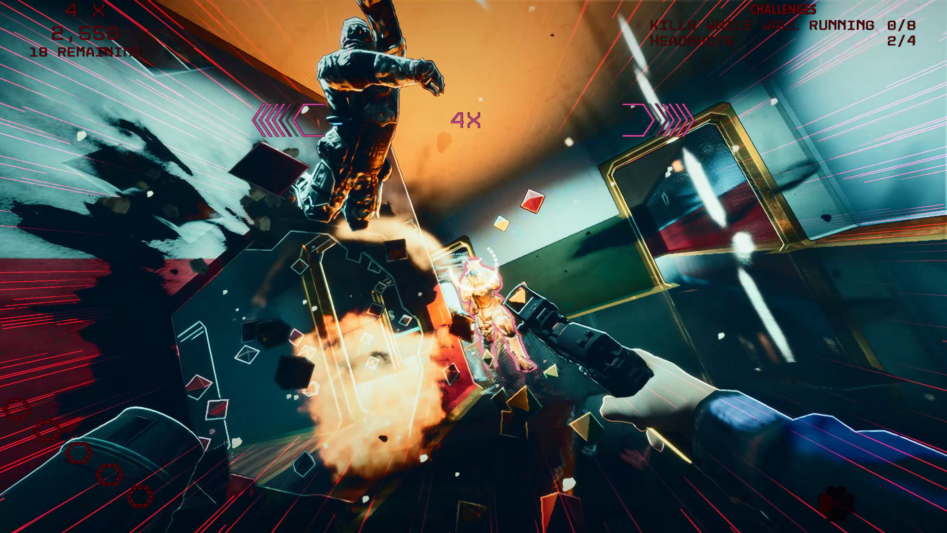 The player fires during a close-range fight in a bright interior.