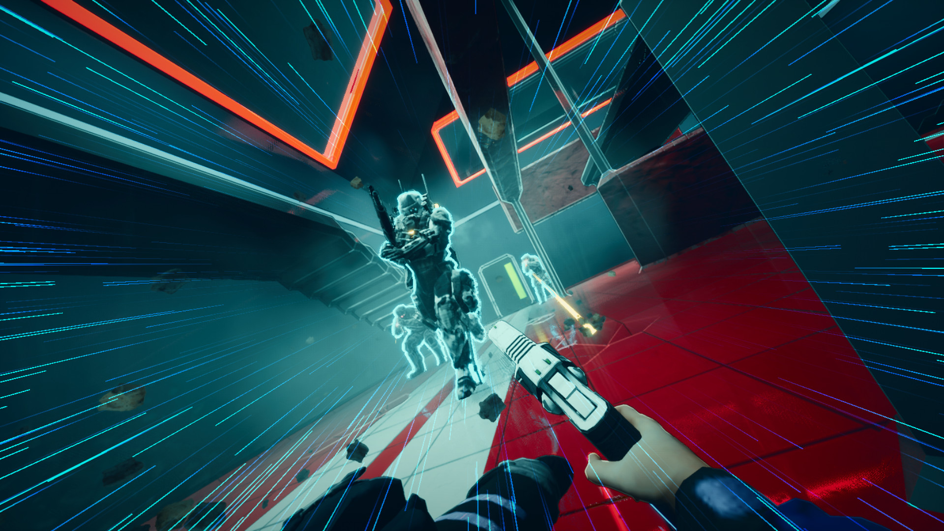 The player aims at an armed opponent in a neon-lit corridor.