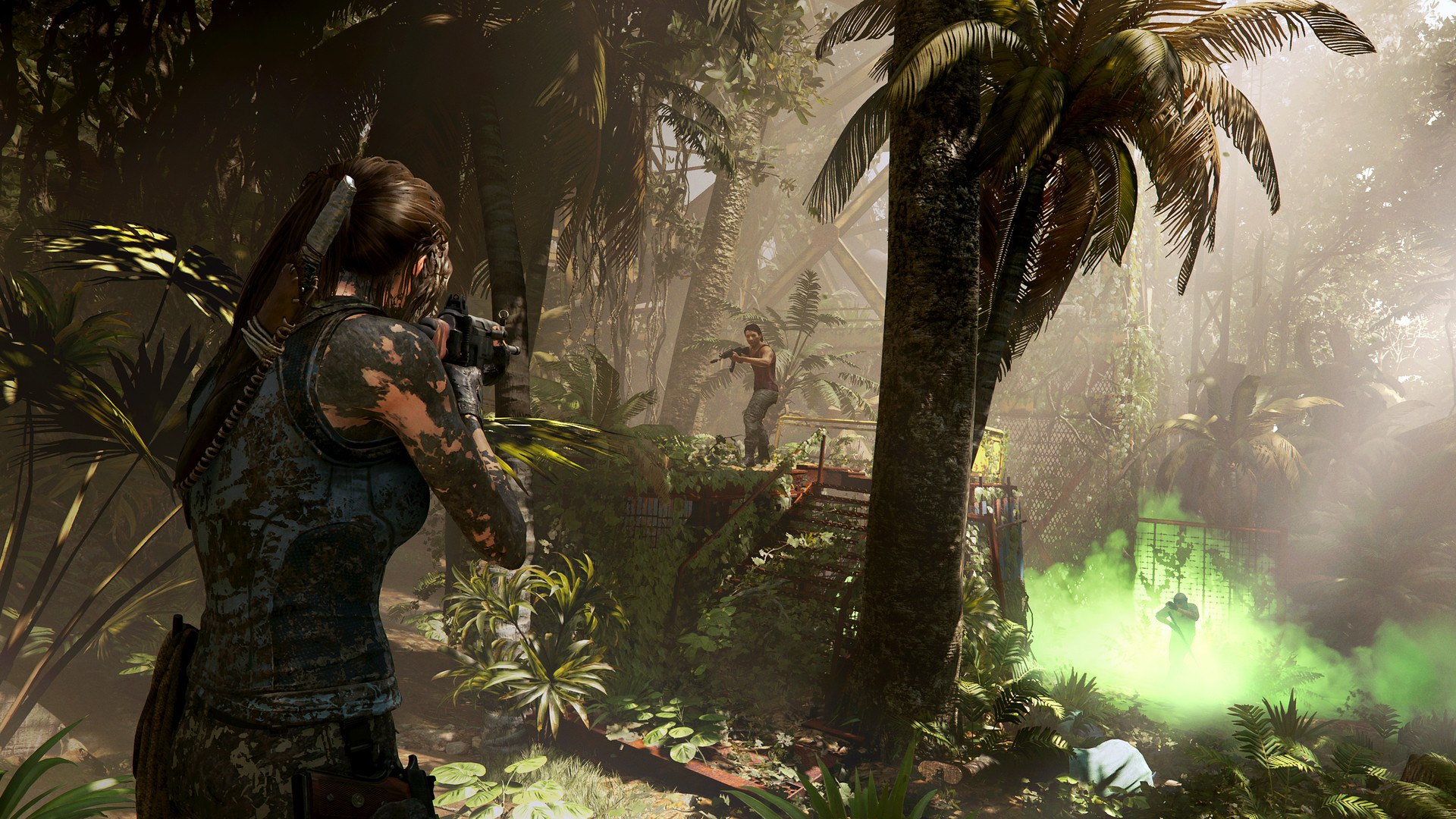 Lara aims through foliage near a plume of green smoke.