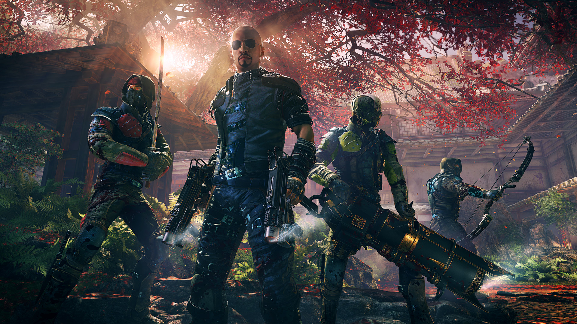 Lo Wang and other armed figures stand beneath flowering trees.