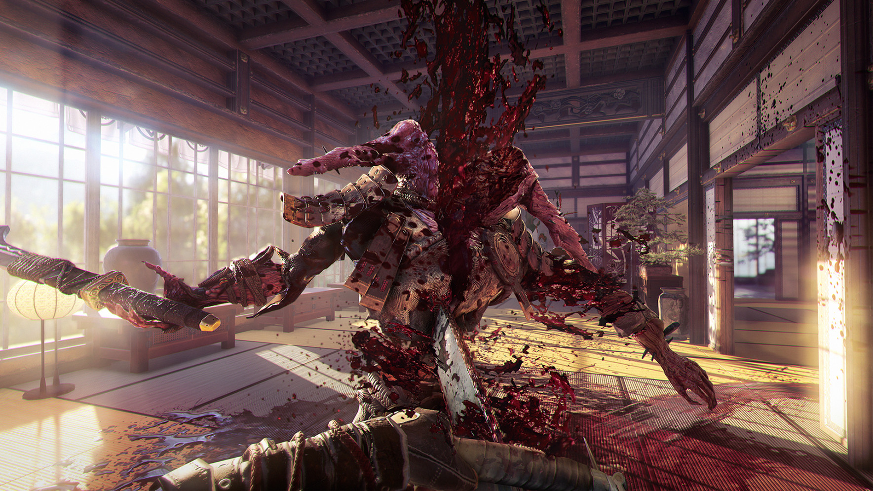 A large demon fights in a bloodied interior.