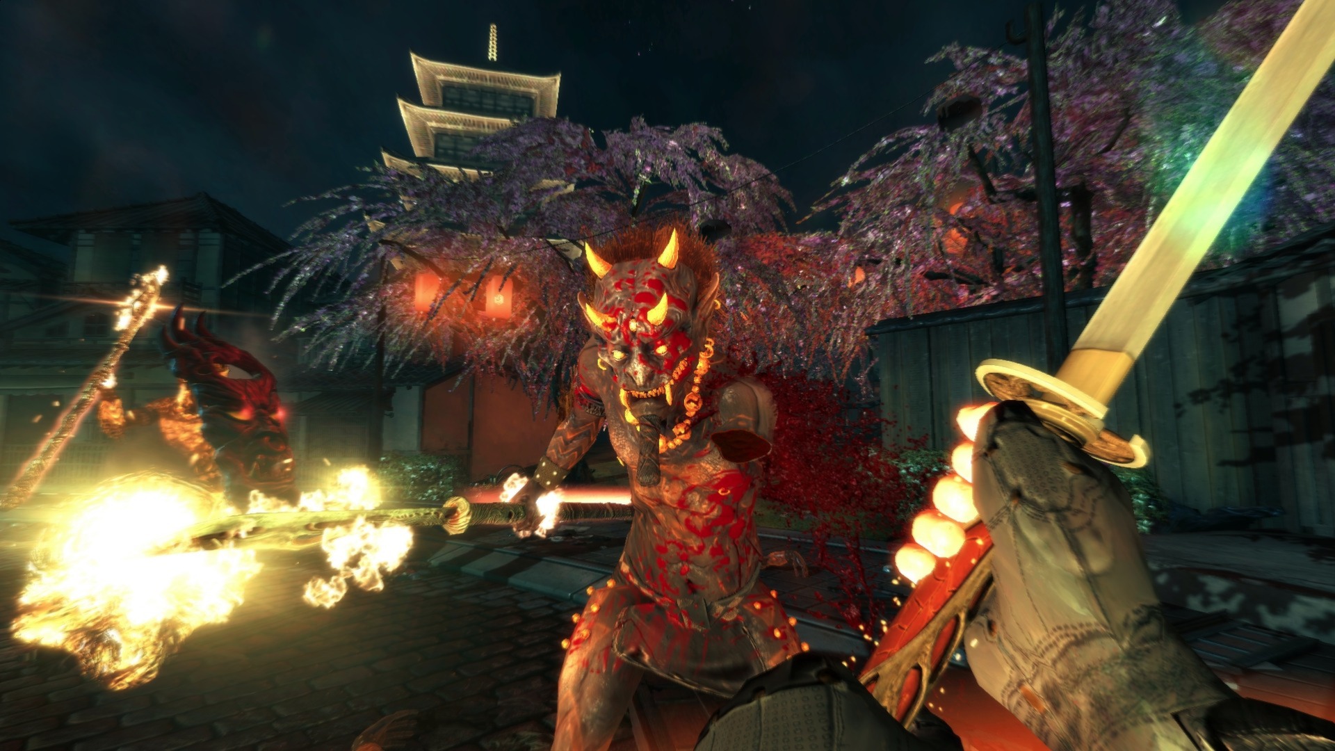 Lo Wang raises a sword against a demon in a nighttime courtyard.