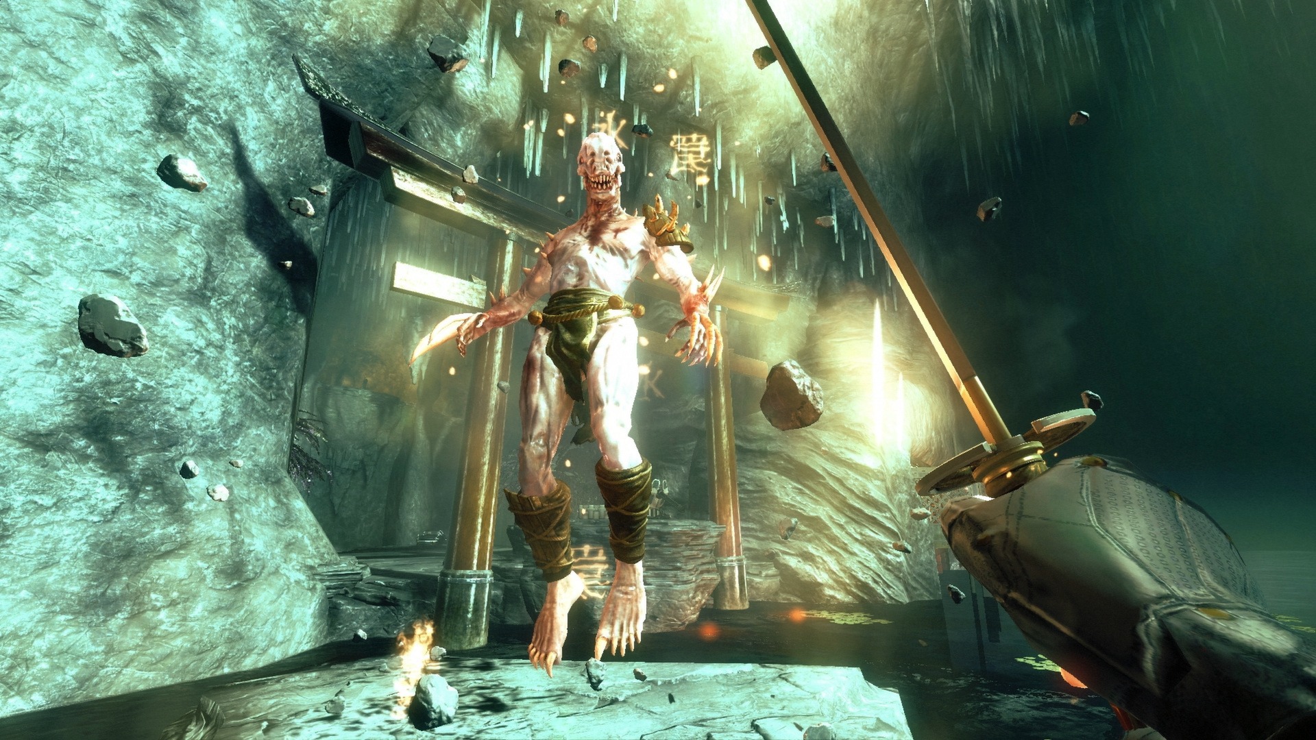 A demon floats amid shattered stone as Lo Wang holds two swords.