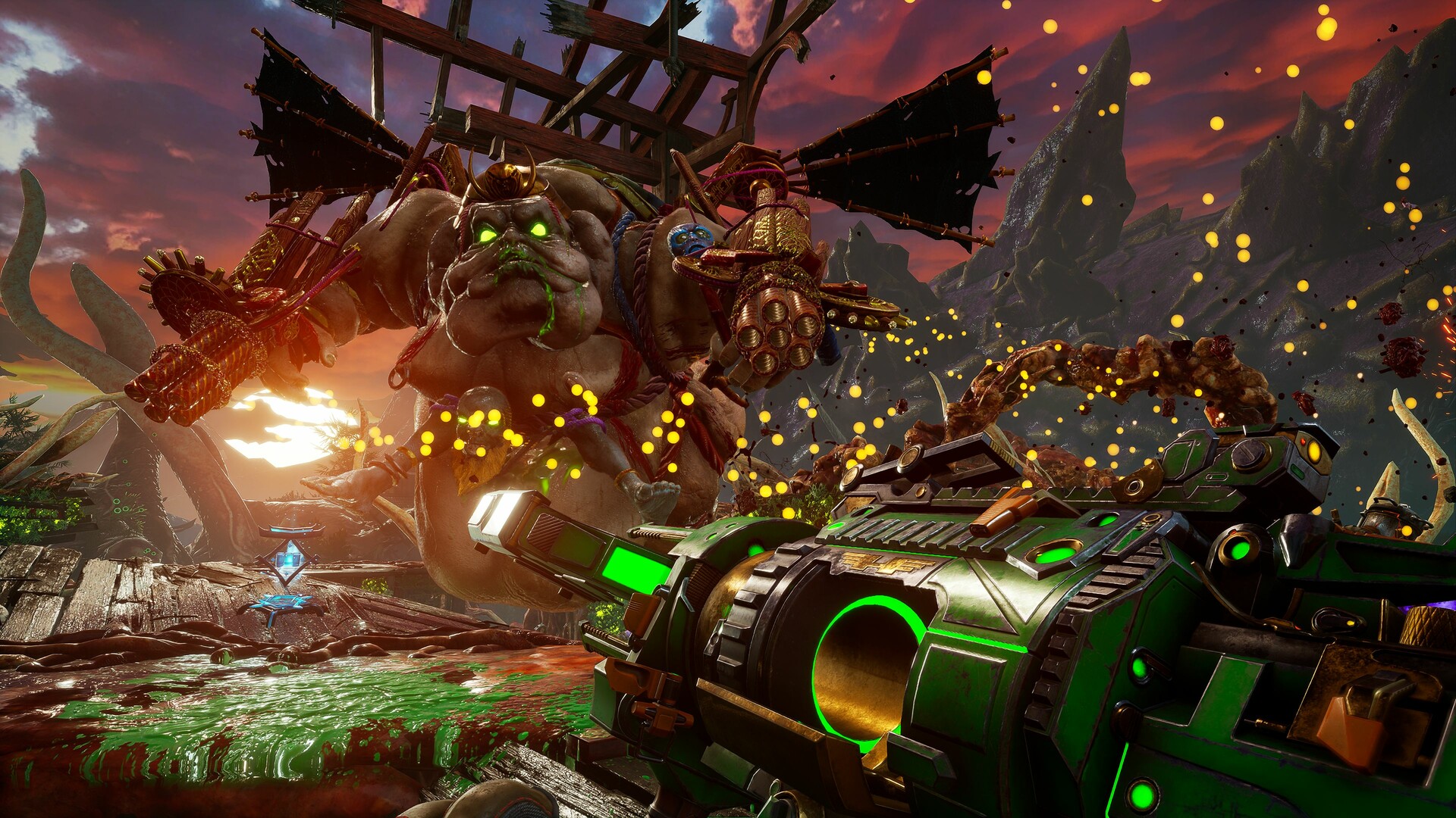 A heavy weapon fires toward a massive demon in a ruined arena.