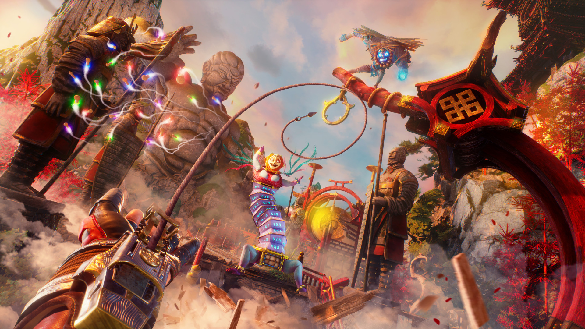 Demons gather around a vivid mountain shrine.