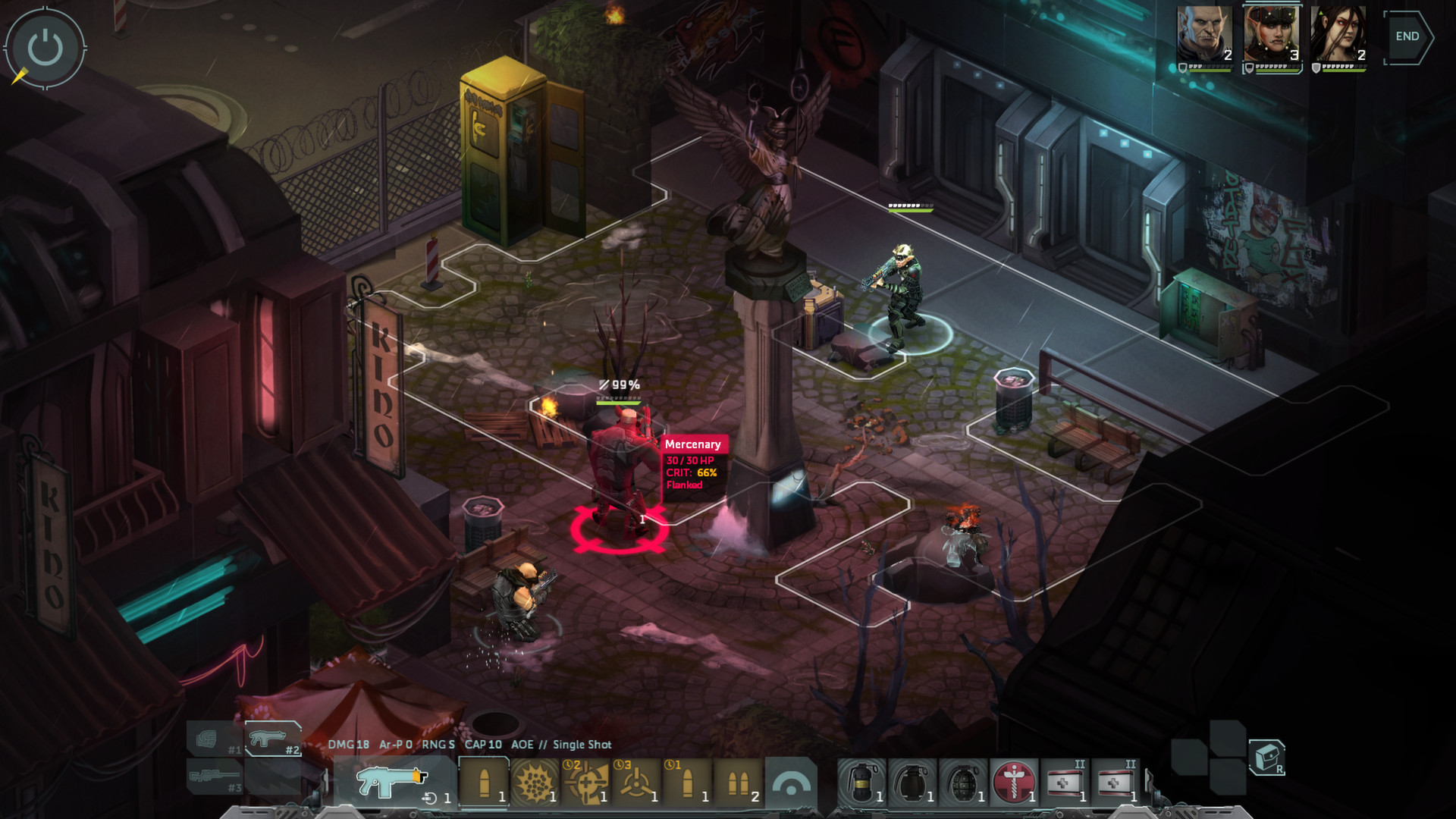A runner and companions take positions during turn-based combat.