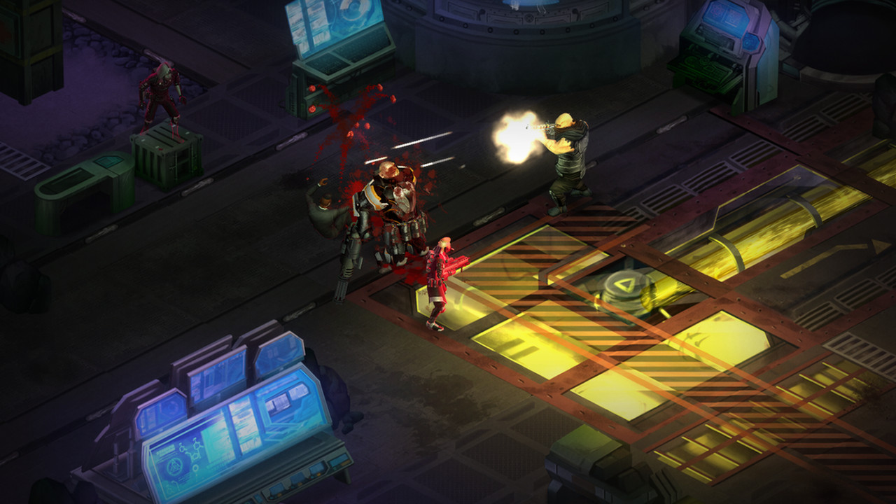 A runner fires across a neon-lit industrial room.