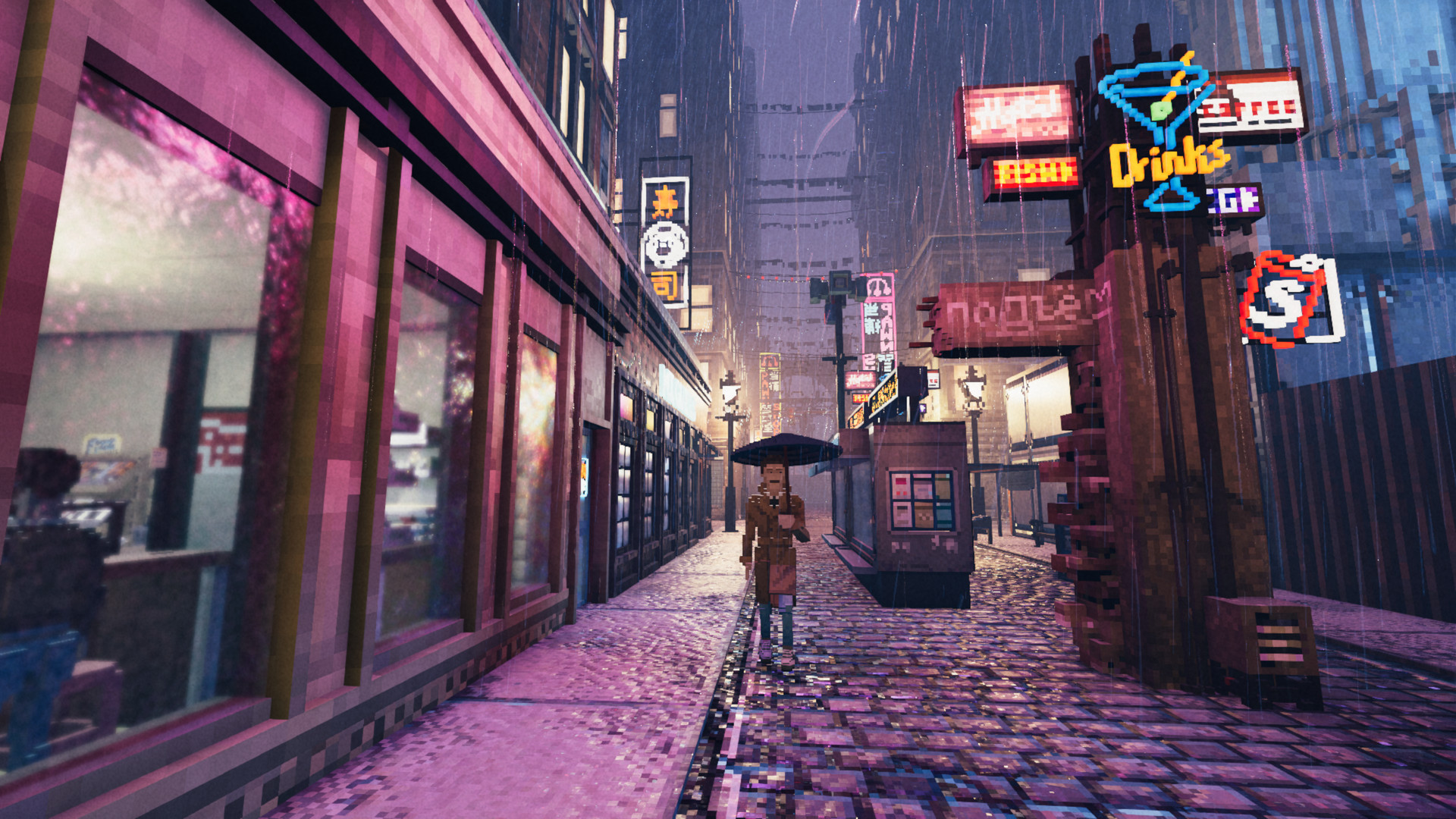 A lone figure walks along a rain-soaked city street.