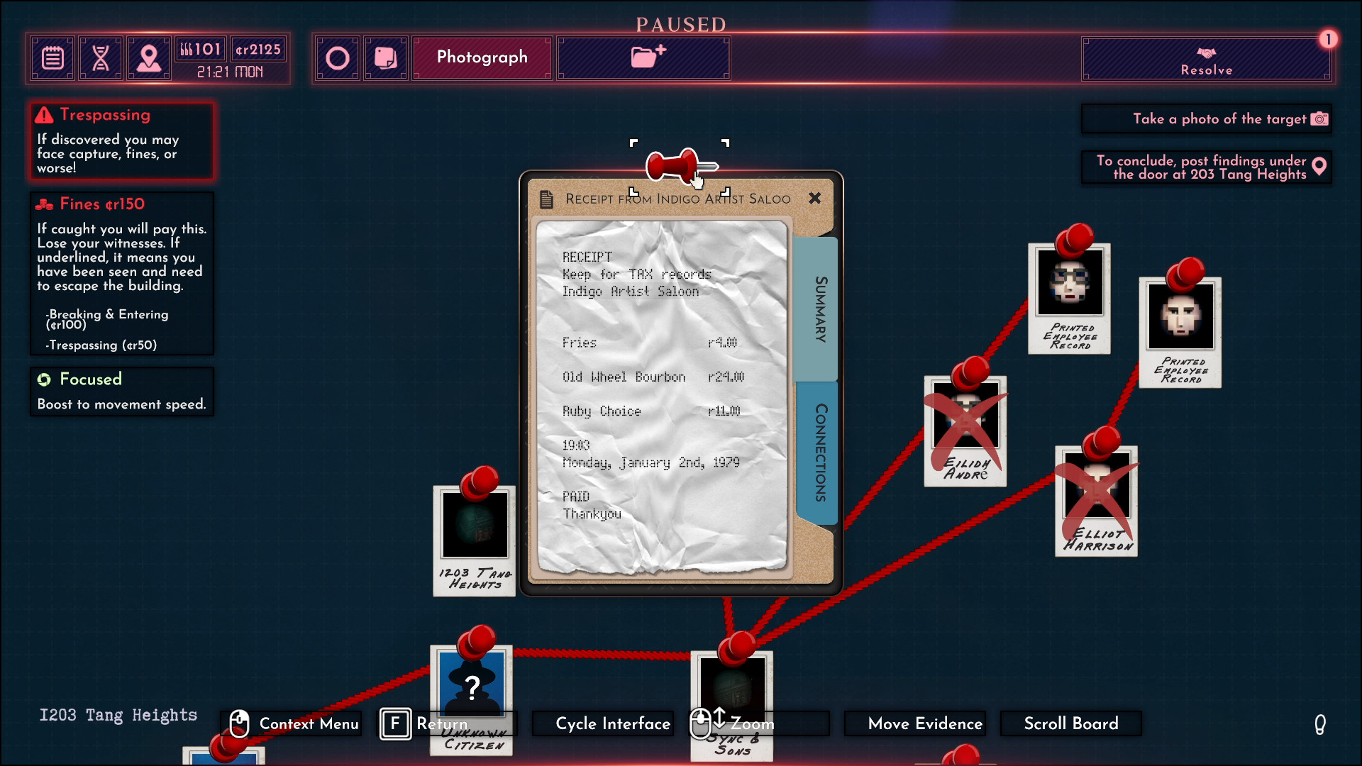 An investigation board connects documents and people with red string.