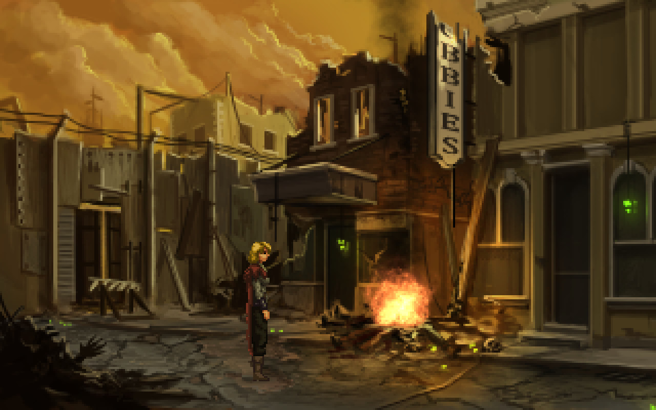 Amy crosses a ruined city street beneath an overcast sky.