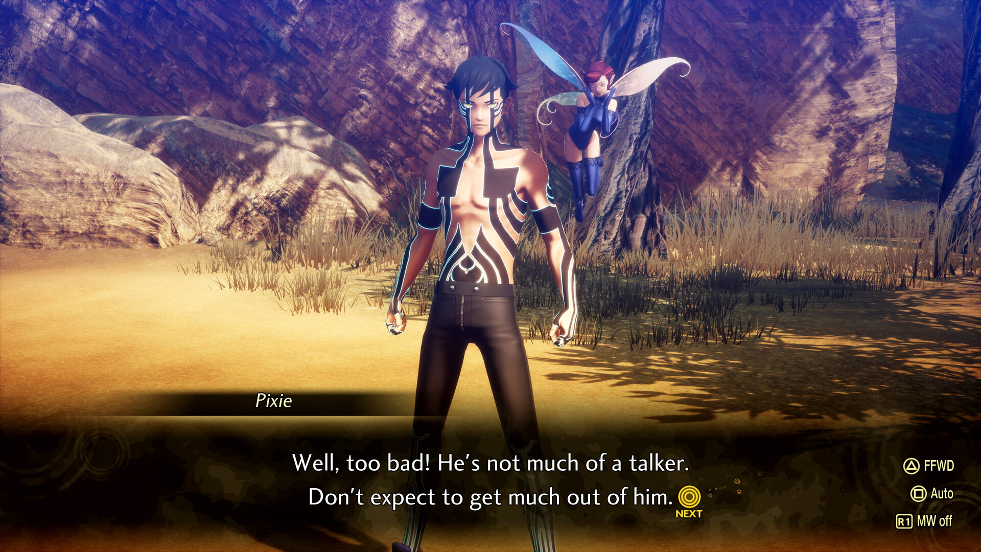 The protagonist stands beside Pixie in a rocky area of Da’at.
