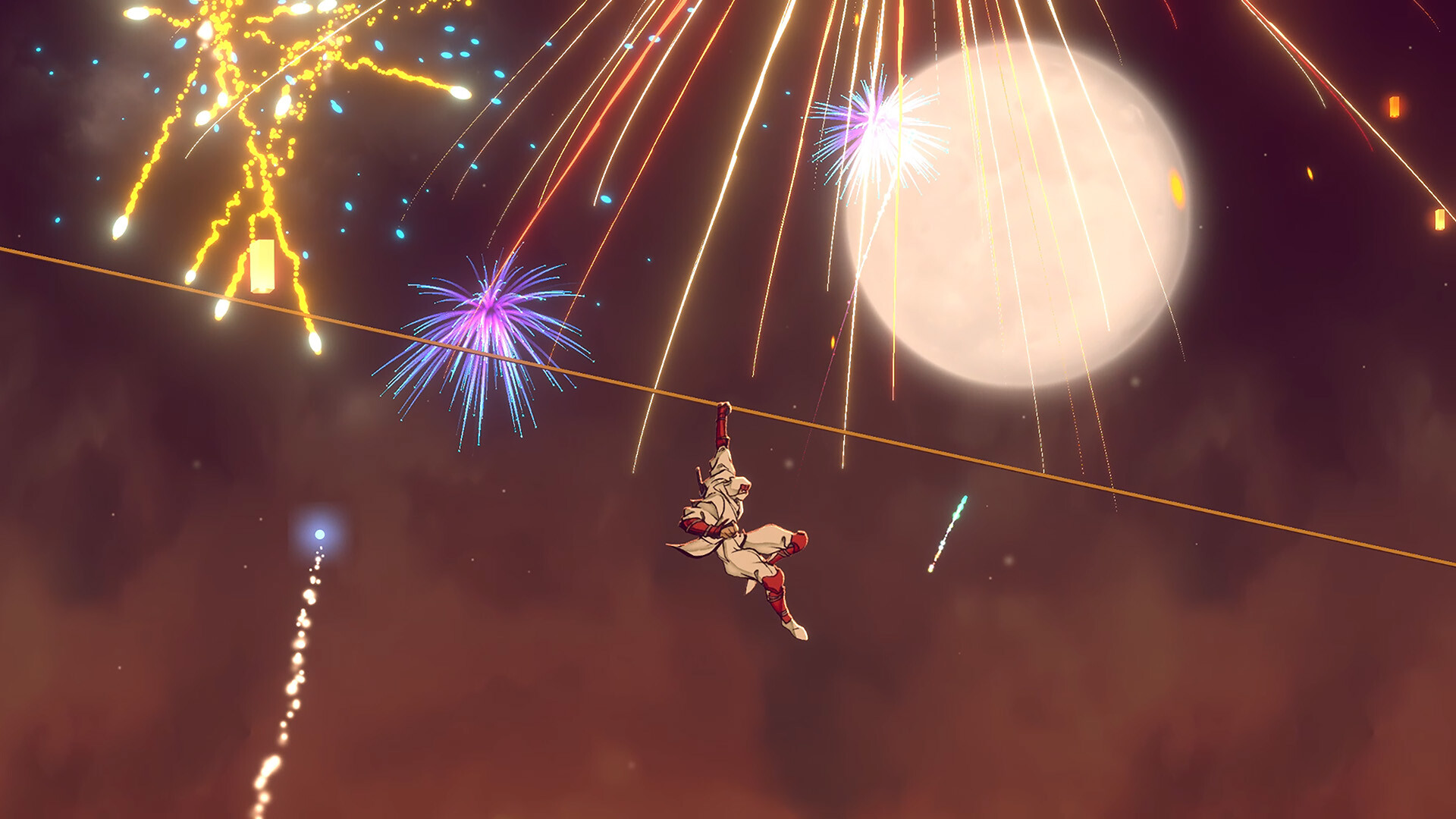 Joe Musashi hangs from a rope beneath a full moon and fireworks.
