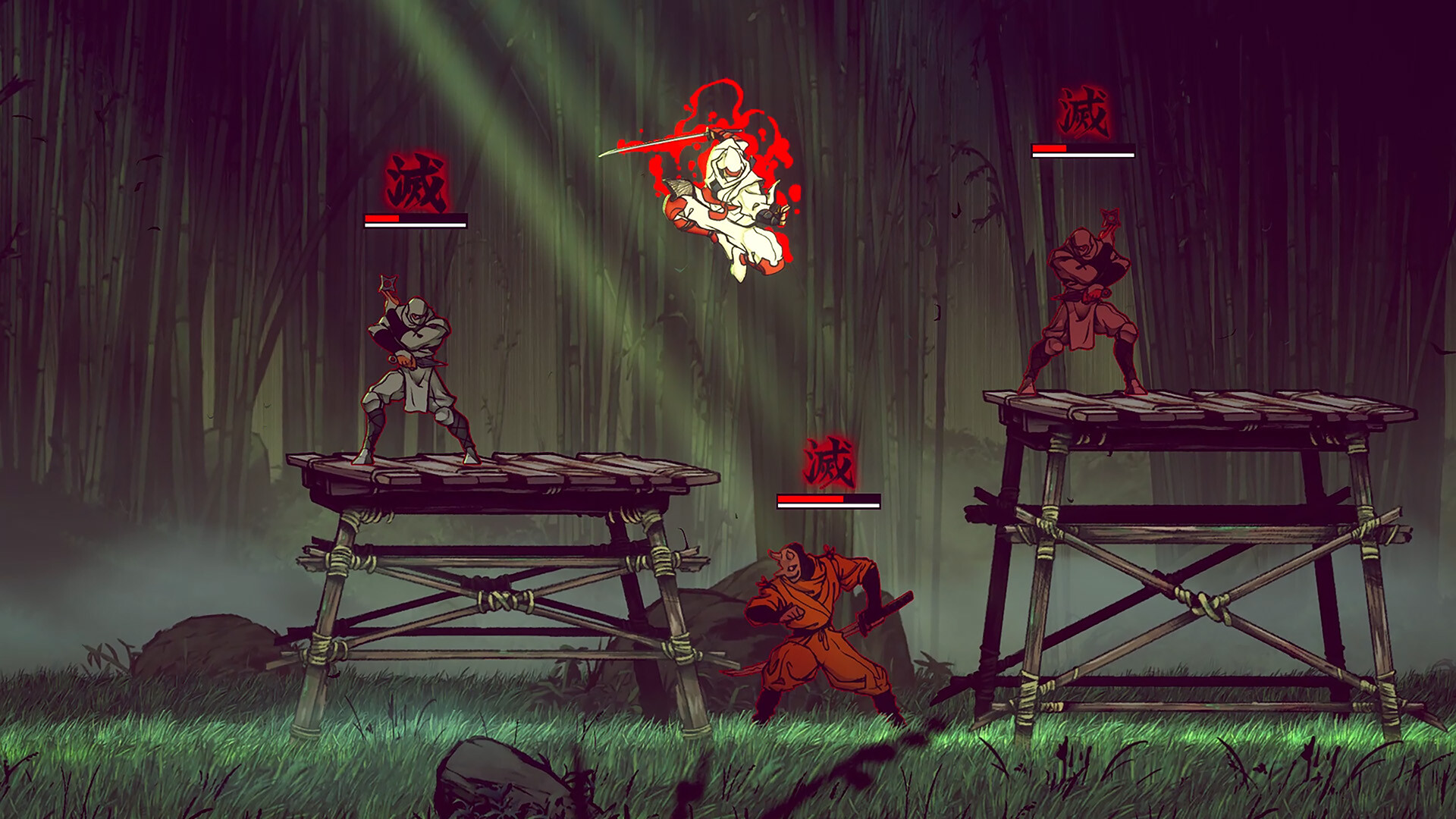 Joe leaps between platforms while fighting ninjas in a bamboo grove.