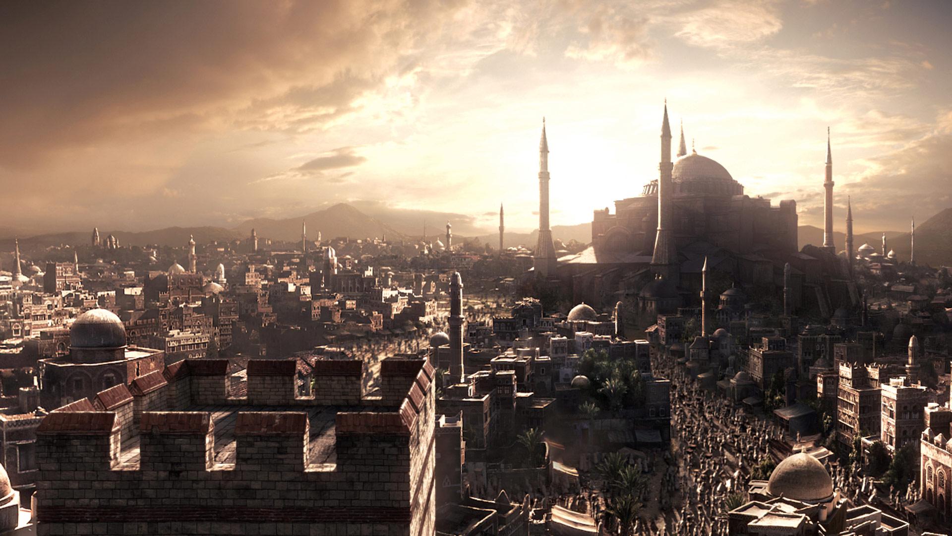 A dense city skyline stretches beneath a warm sky.