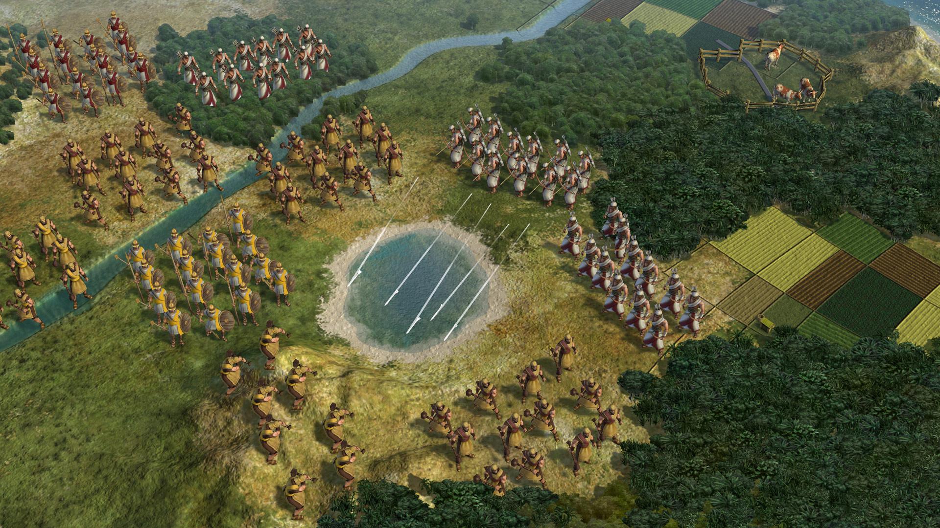 Units occupy hexes around a lake and cultivated fields.
