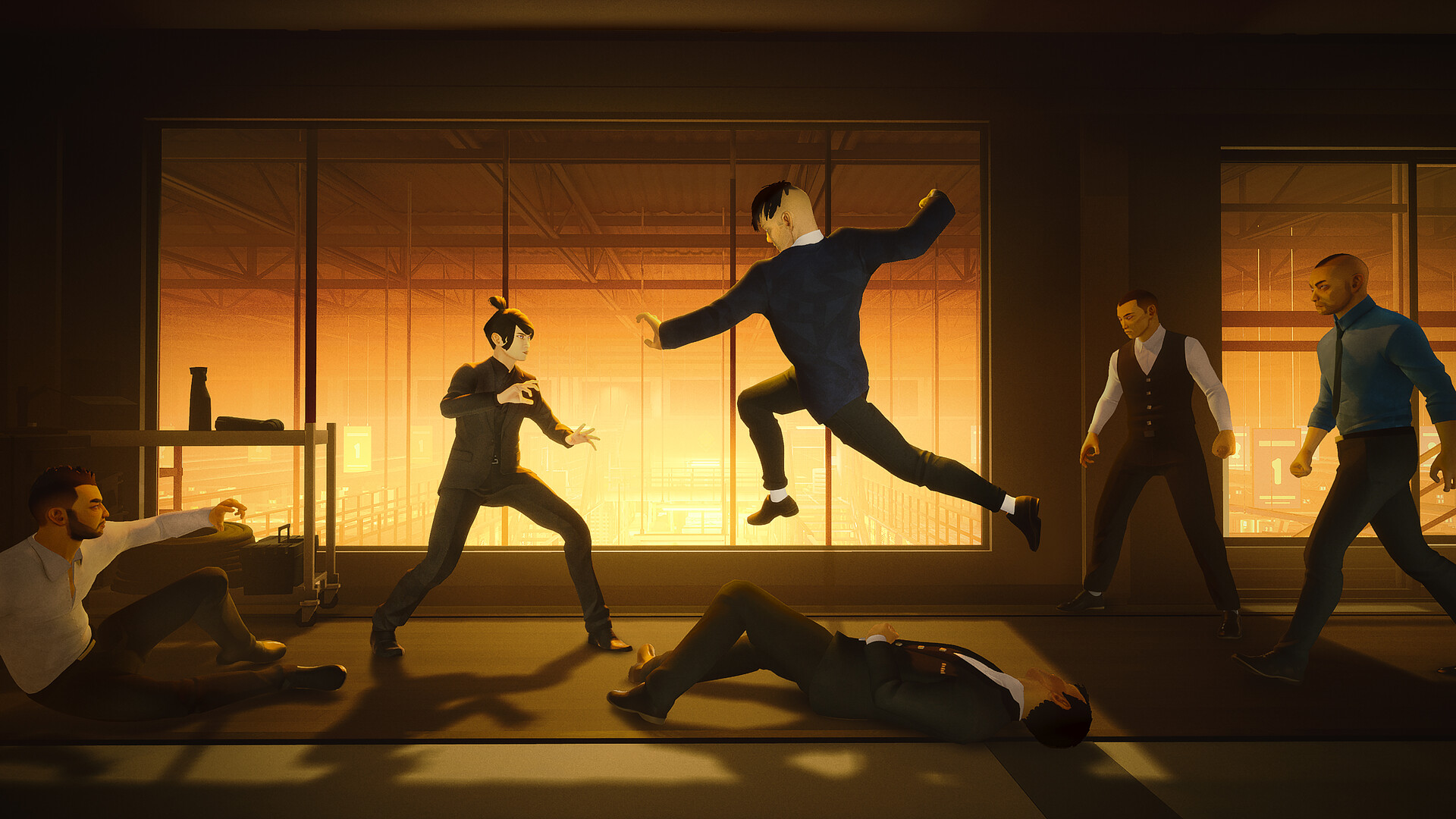 A martial artist leaps into a fight inside a crowded room.