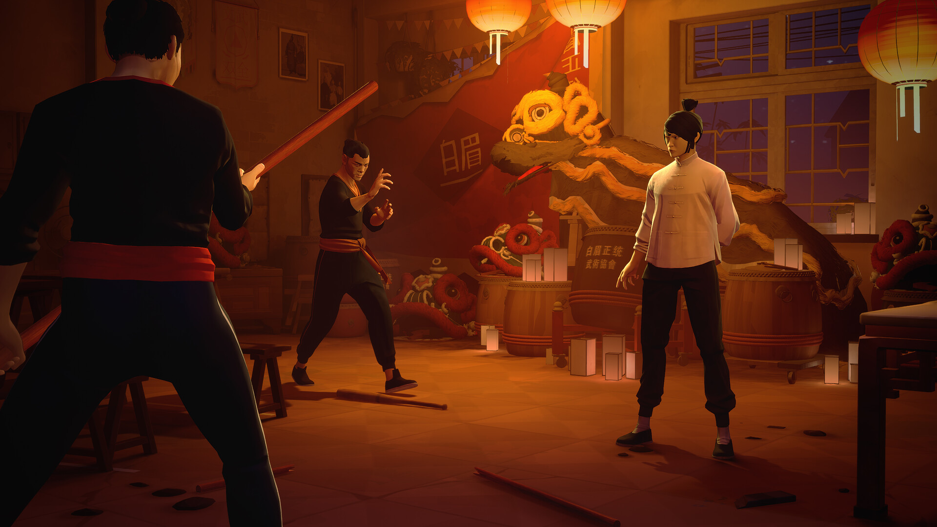 A fight unfolds beside a staircase and red lanterns.