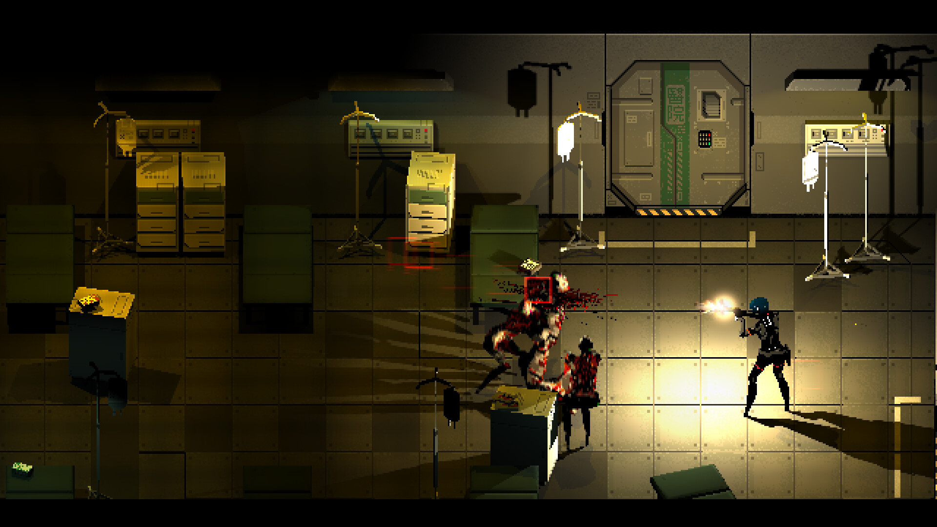 Elster confronts hostile figures in a tiled room.